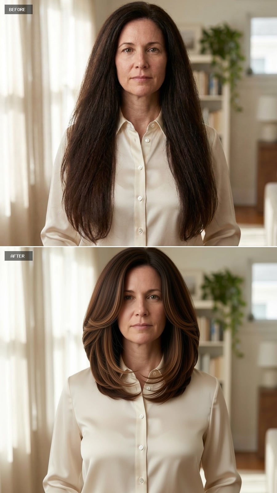 Collarbone-length layered haircut with dark chocolate color and caramel highlights