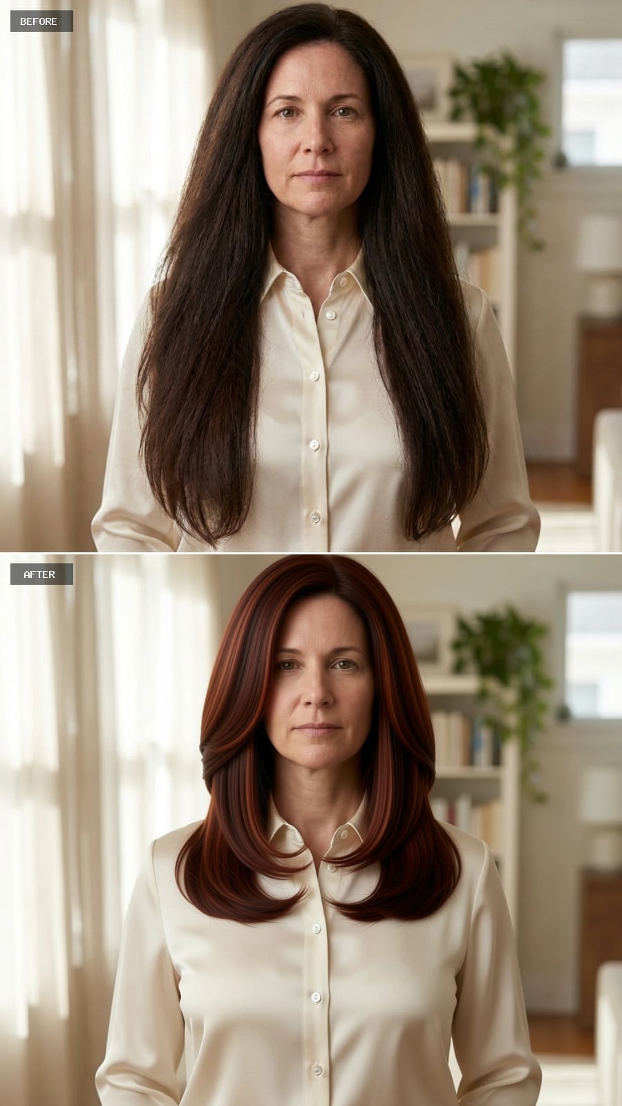 Shoulder-length mahogany haircut with copper ribbon highlights