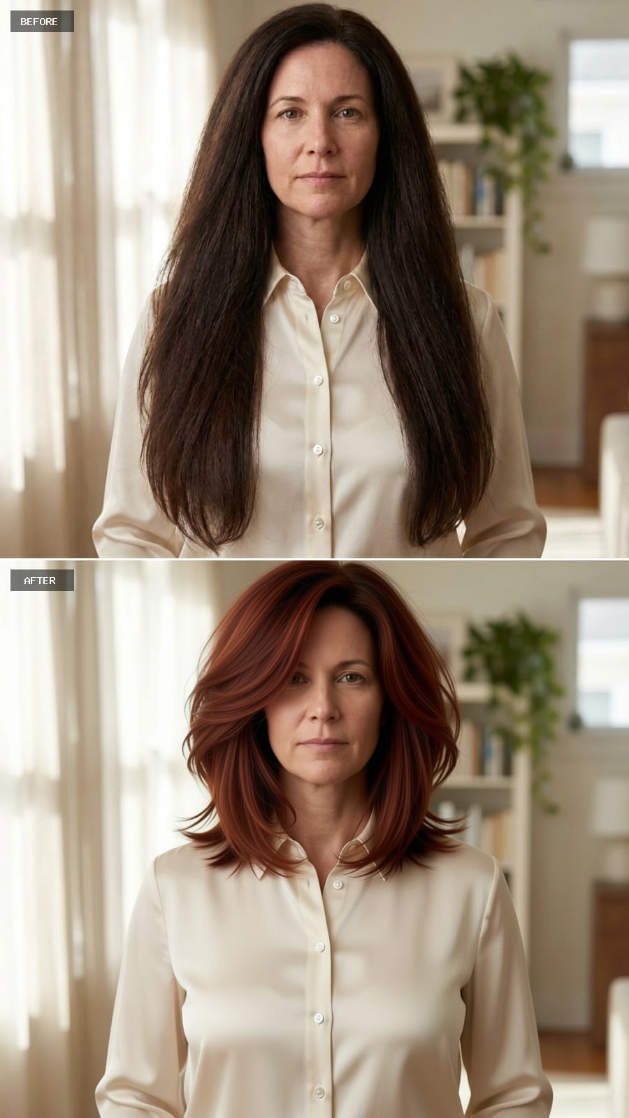 Mahogany shoulder-length haircut with softly flipped layers