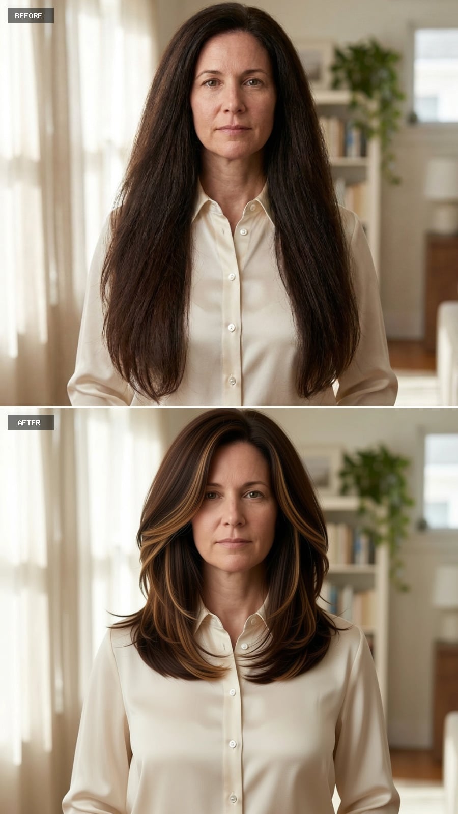 Collarbone-length brunette layers with caramel highlights