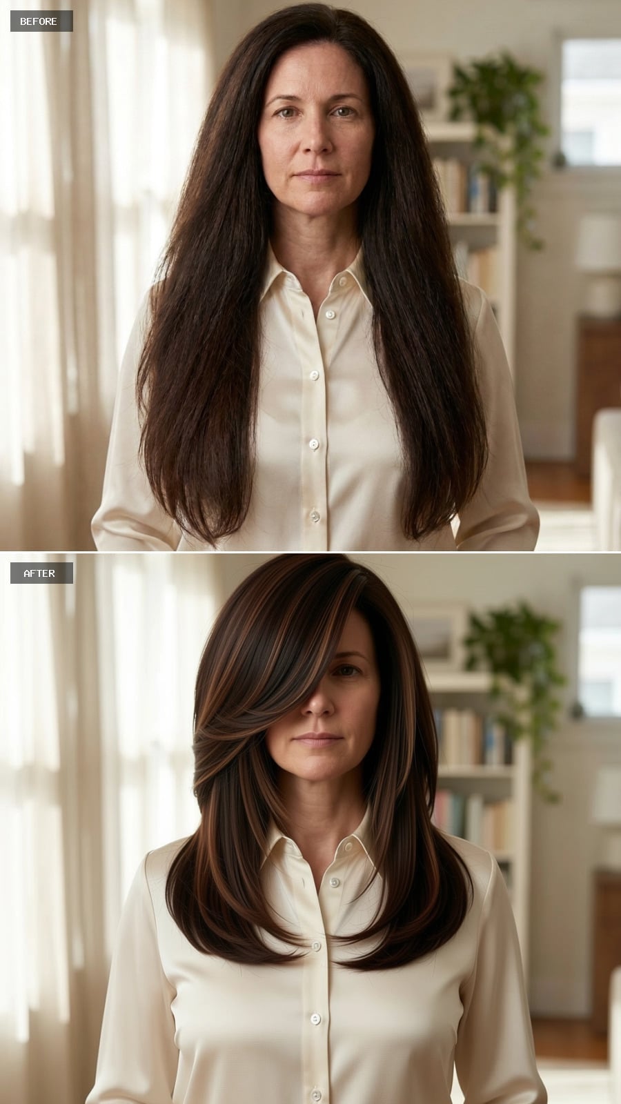 Warm brunette collarbone layers with caramel highlights and side sweep