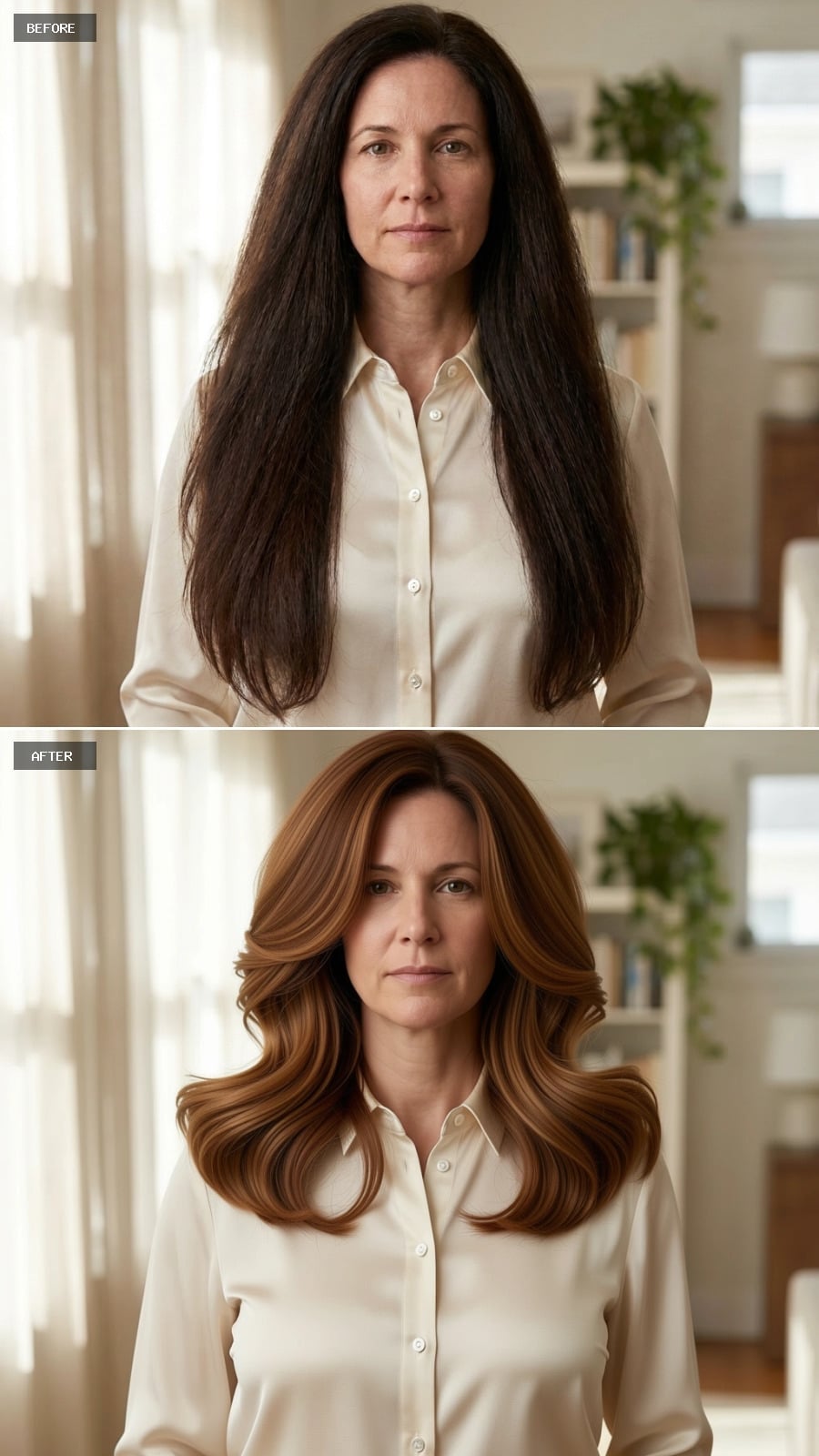 Medium-length copper-brown layers with outward-curving ends