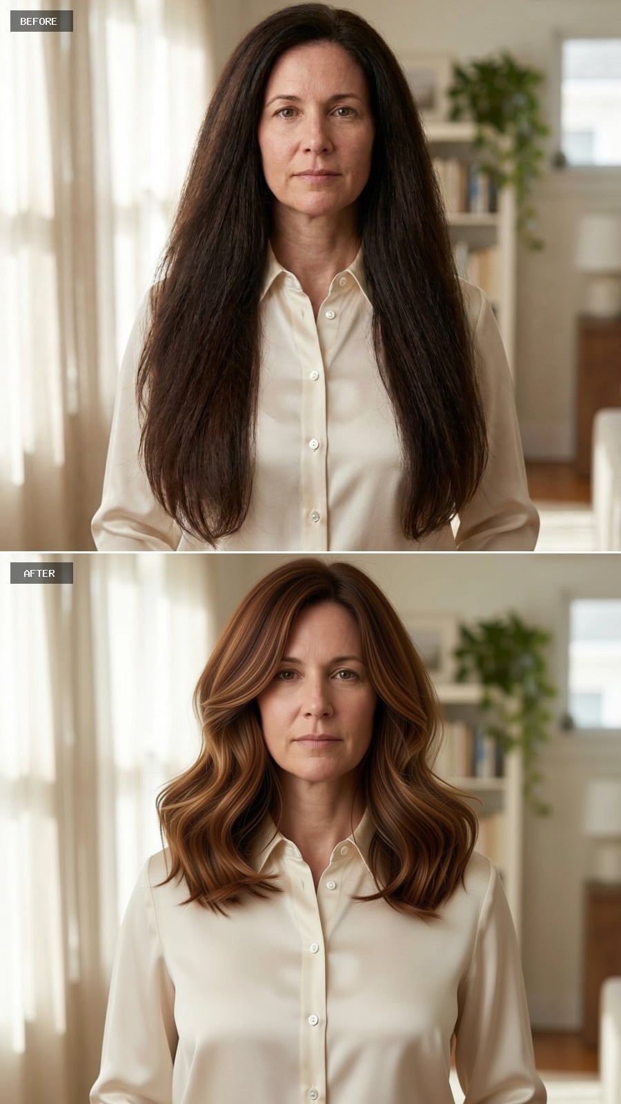 Wavy collarbone-length brunette lob with warm highlights