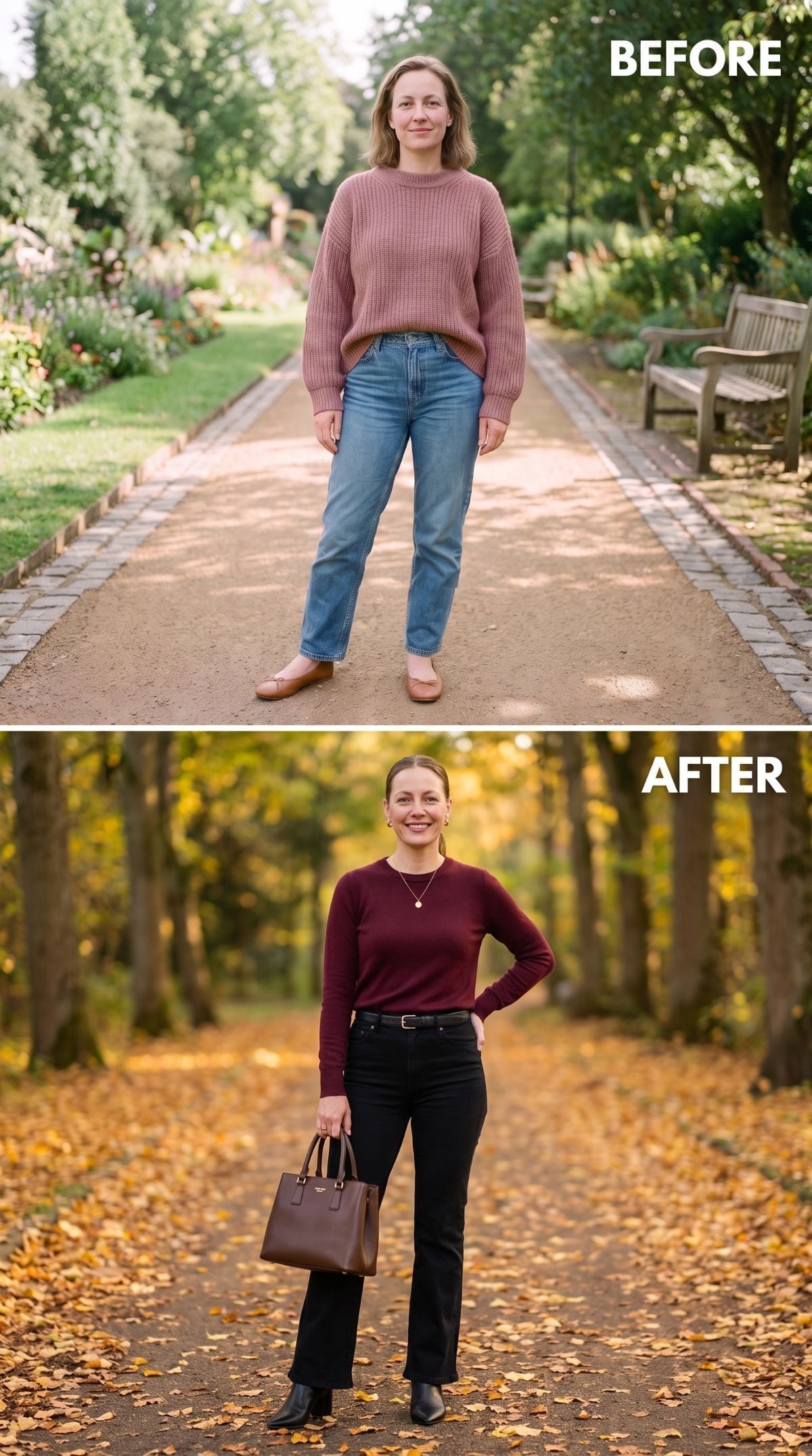 Burgundy Knit, Black Denim, and Why Her Posture Changed Too