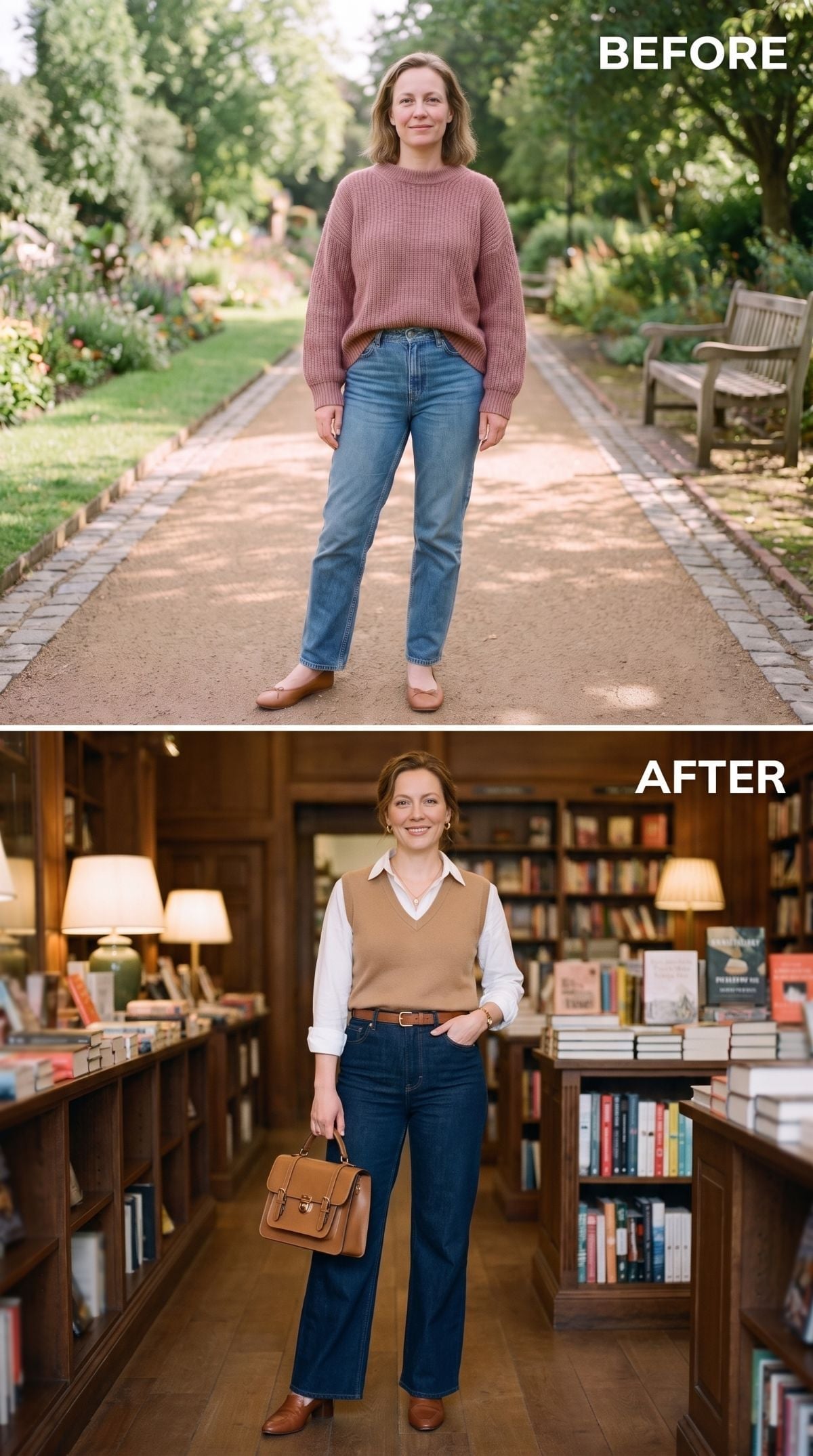 Camel Vest, White Collar, and What Structured Layering Does for a Pear Shape