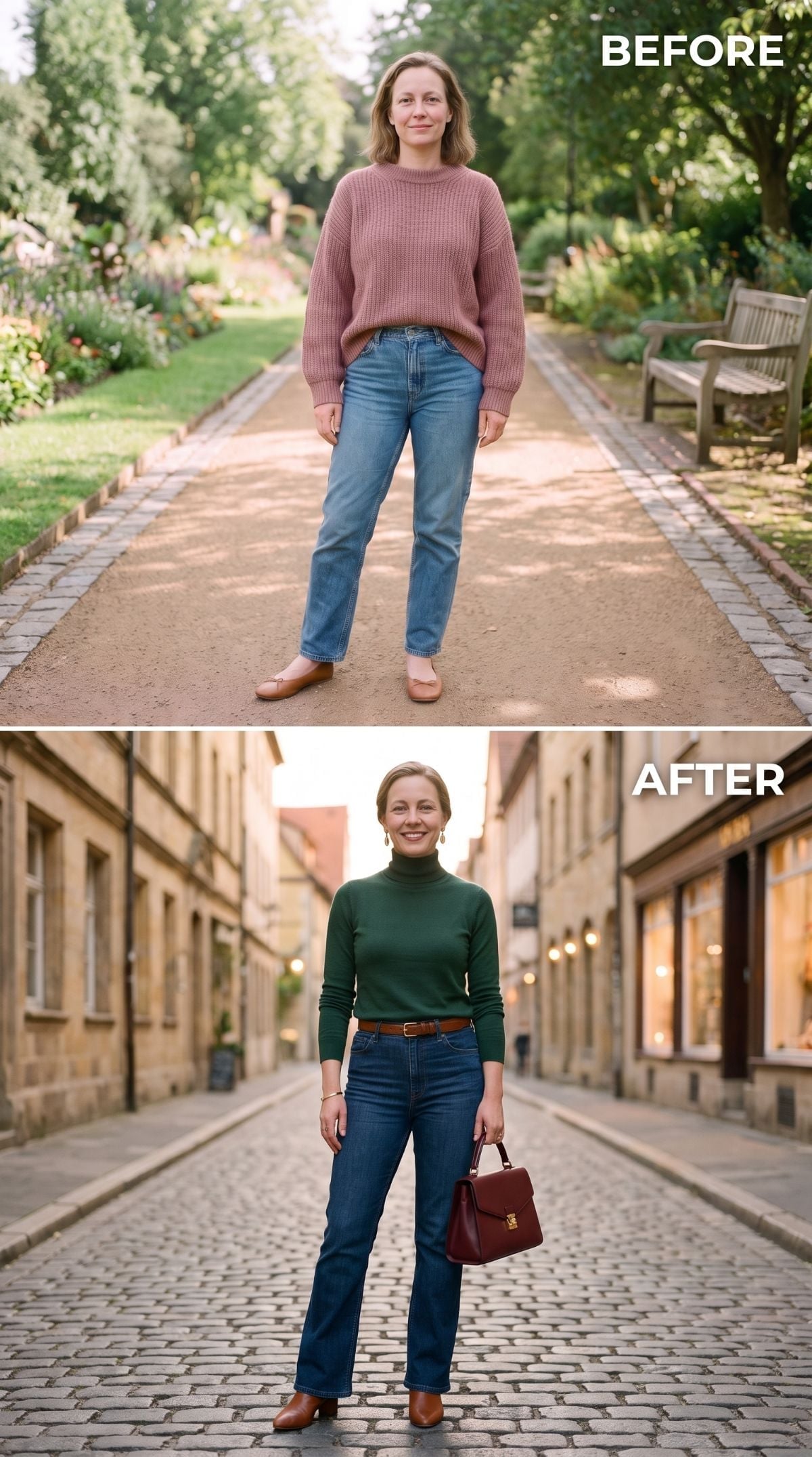 Dark Green Turtleneck, a Belt, and the Jeans She Already Owned