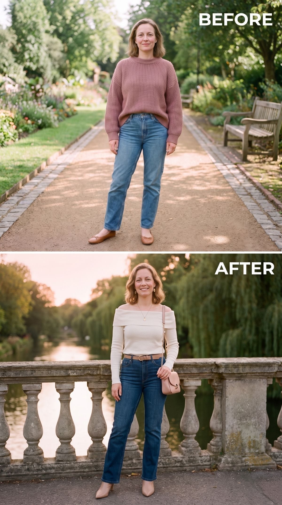 Off-Shoulder Cream Knit, Dark Straight Jeans, and the Neckline That Finally Did Something