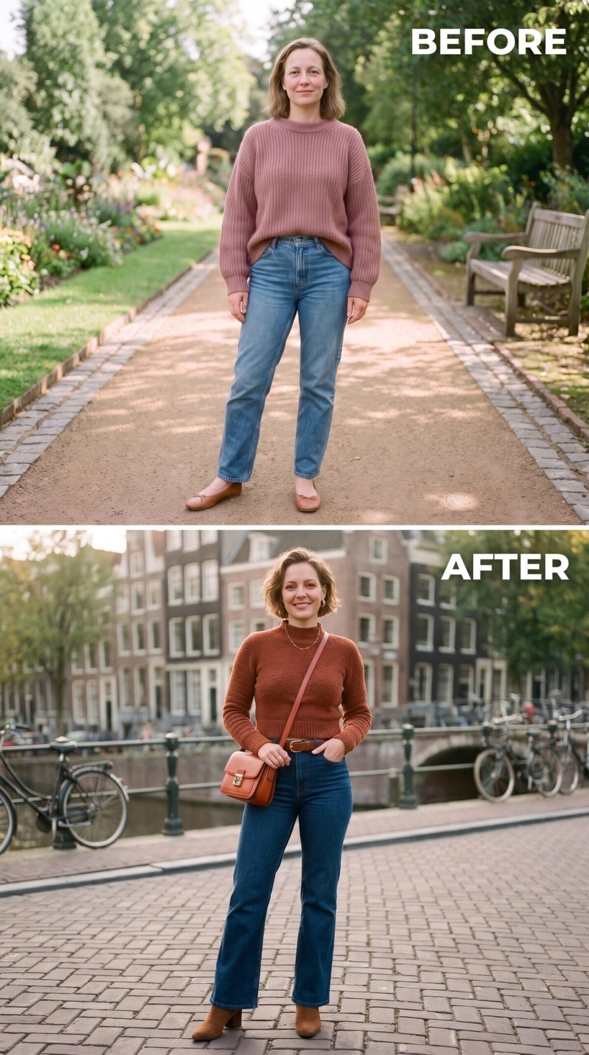 Rust Fitted Knit, Wide-Leg Denim, and Why the Crossbody Finally Anchored the Whole Thing
