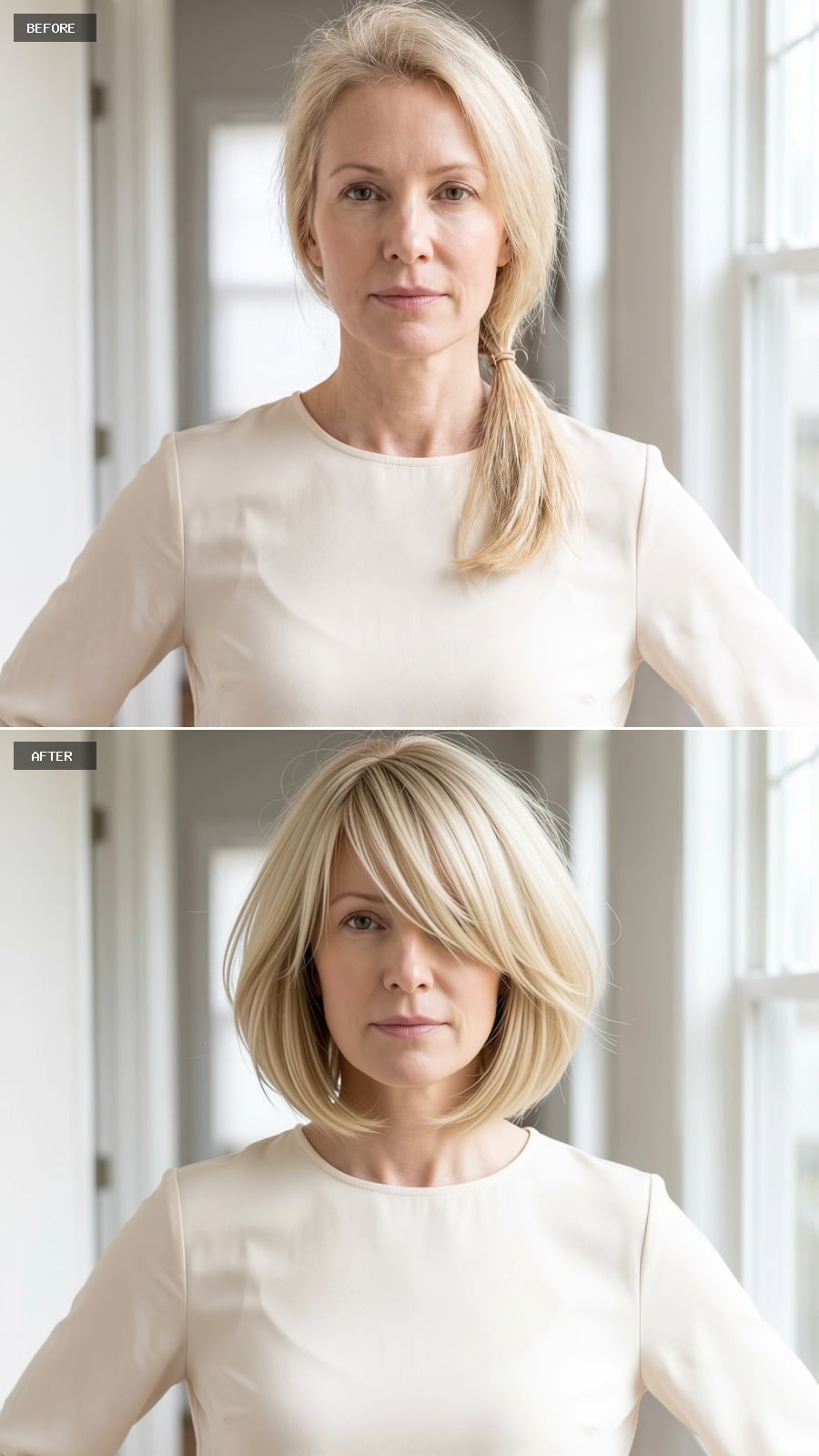 Blonde Bob With a Side-Swept Fringe That Makes Fine Hair Look Intentionally Full