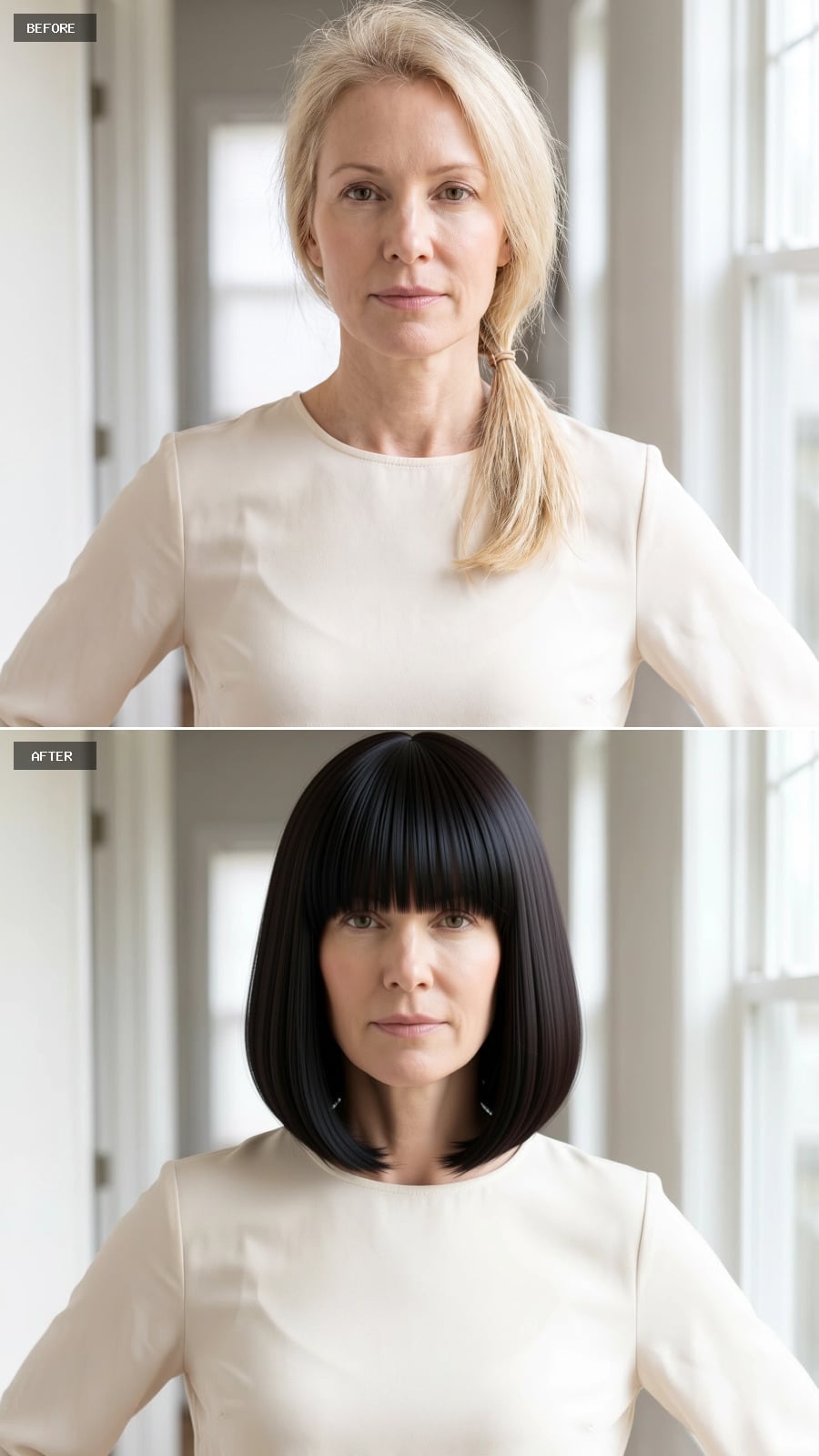 Blunt Bangs and a Dark Bob That Makes Fine Hair Look Intentionally Thick
