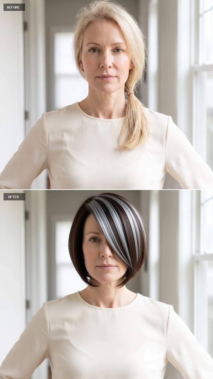 Dark Brown Bob With Silver Panels That Actually Earns Its Drama