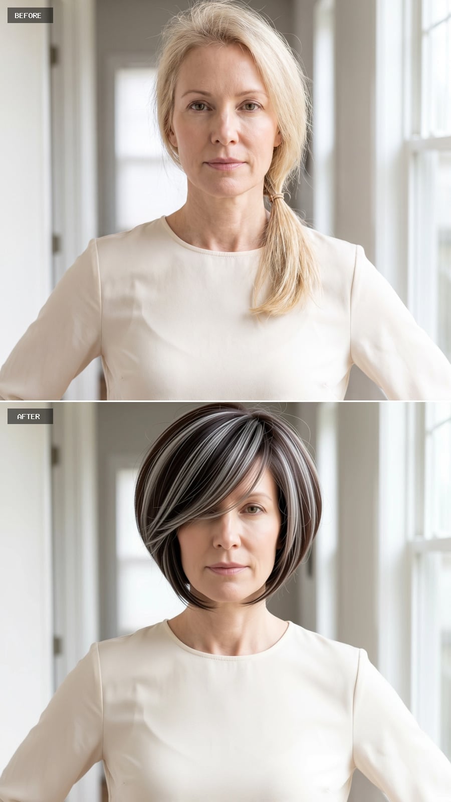 Dark Brown Bob With Silver Panels That Makes Fine Hair Look Intentionally Thick