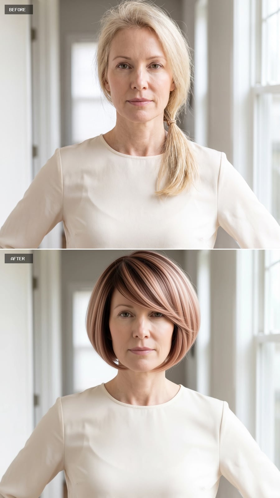 Mauve-and-Chestnut Bob With Pink Panels That Make Fine Hair Look Architectural