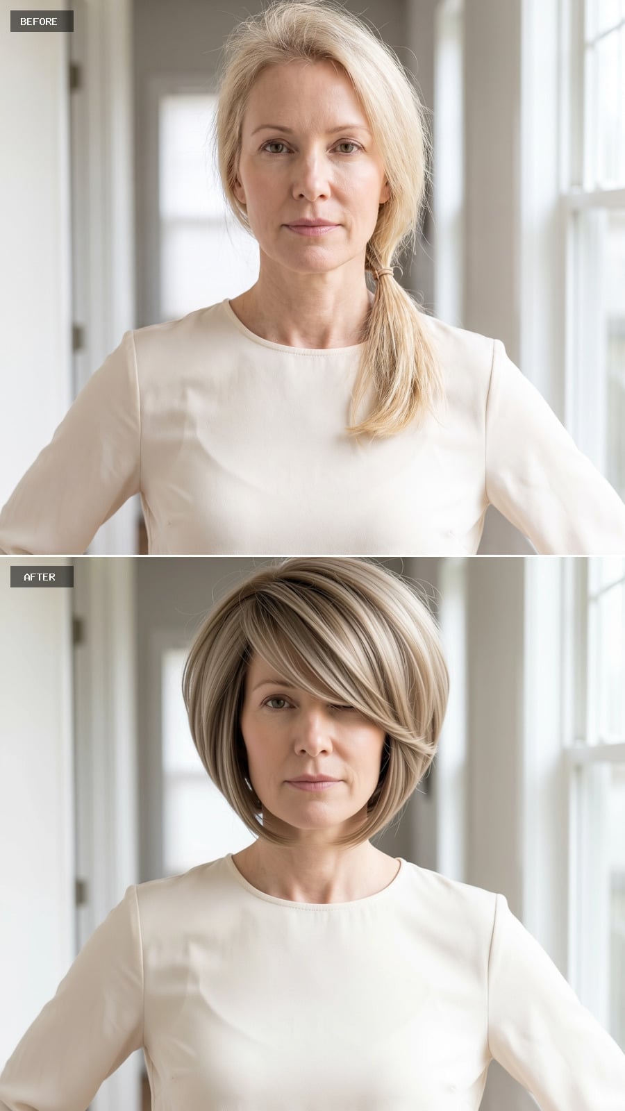 Rounded Bob, Ash-Blonde Dimension, and a Side Sweep That Means Business