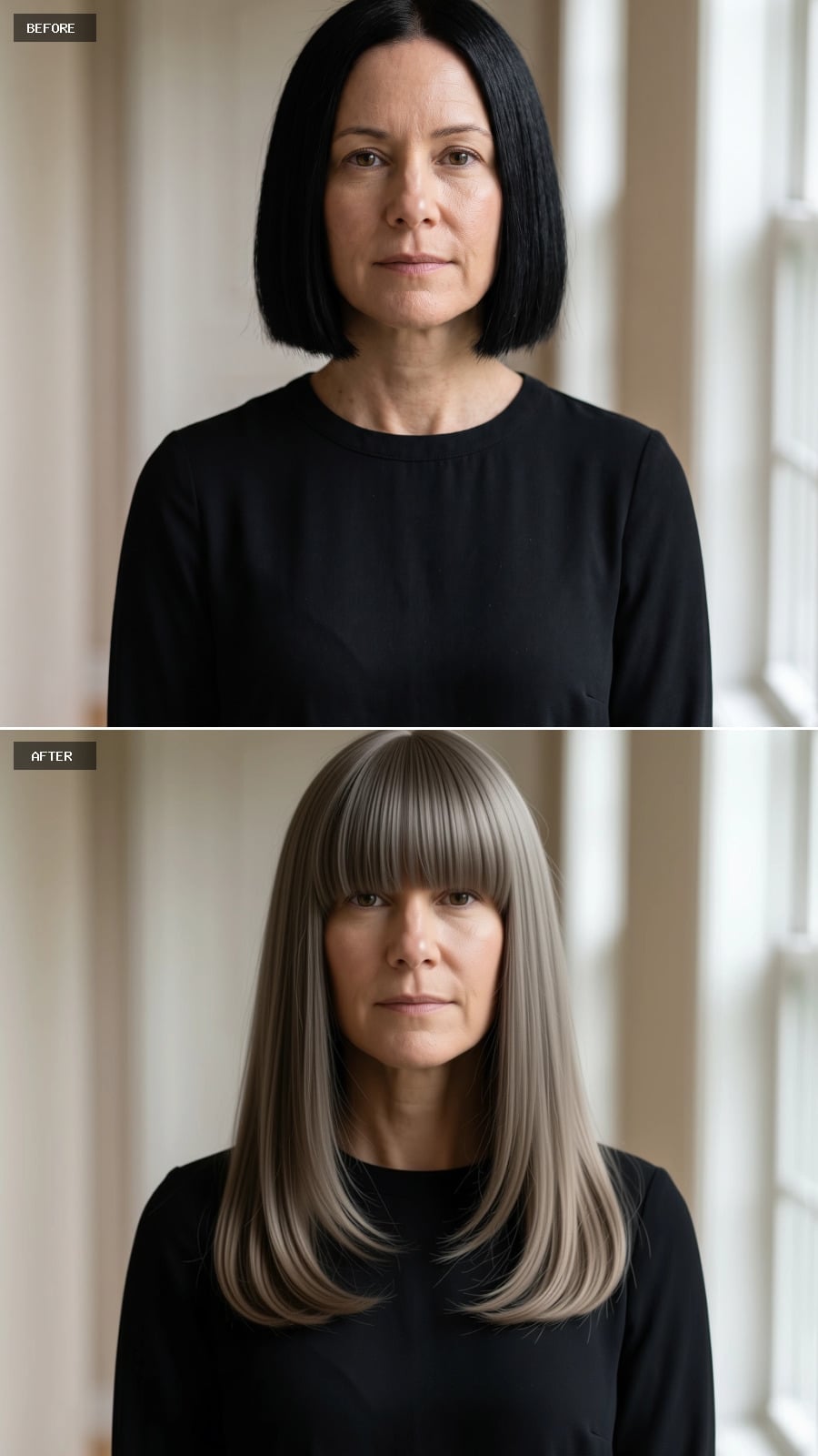 Ash-Gray With Bangs: Why a Center-Cut Fringe Reads as Cheekbone at 48