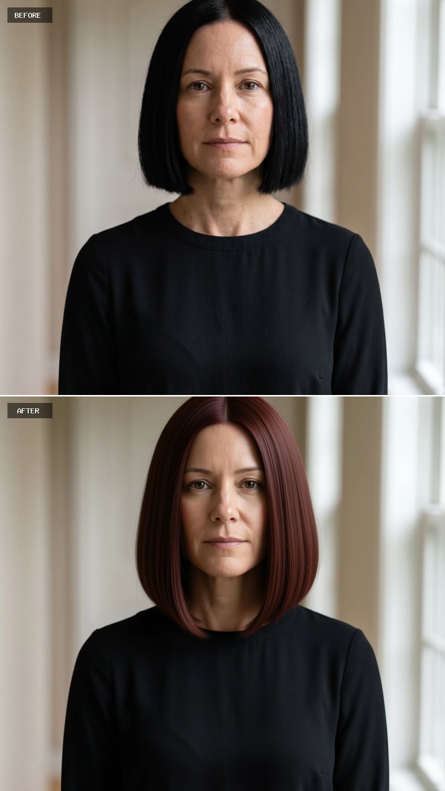 Burgundy Bob, Center Part: When Color Depth Does the Slimming Work