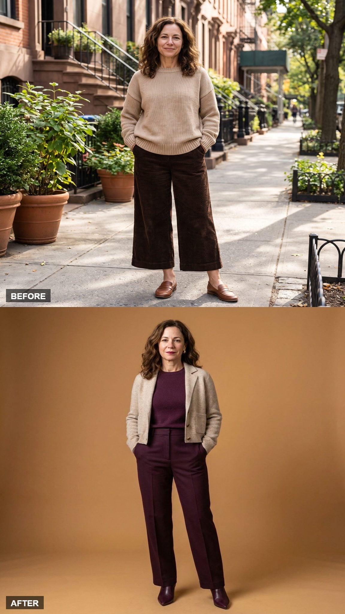 Burgundy Head-to-Toe With a Cream Cardigan Just Made 5'3" Irrelevant