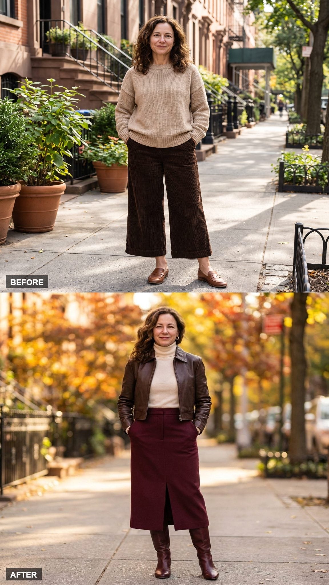 Burgundy Midi Skirt and Leather Jacket Just Made Petite Proportions Look Deliberate