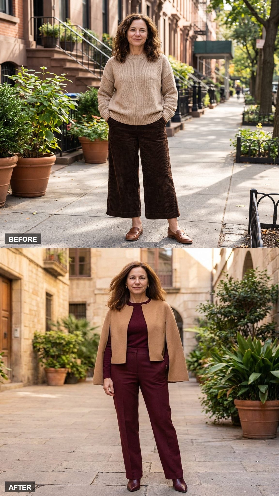 Burgundy Trousers and a Camel Cape Coat Are Doing the Heavy Lifting Here