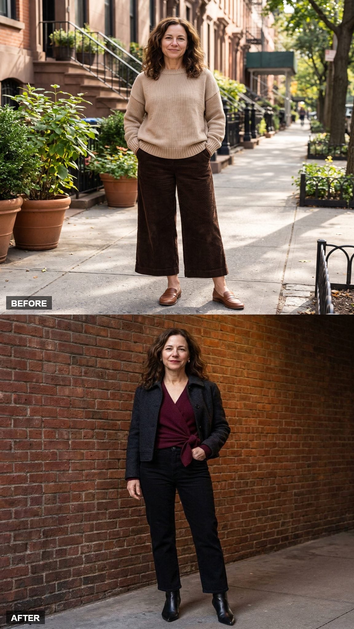 Burgundy V-Neck, Black Jeans, and a Wool Jacket Just Solved the Proportion Problem