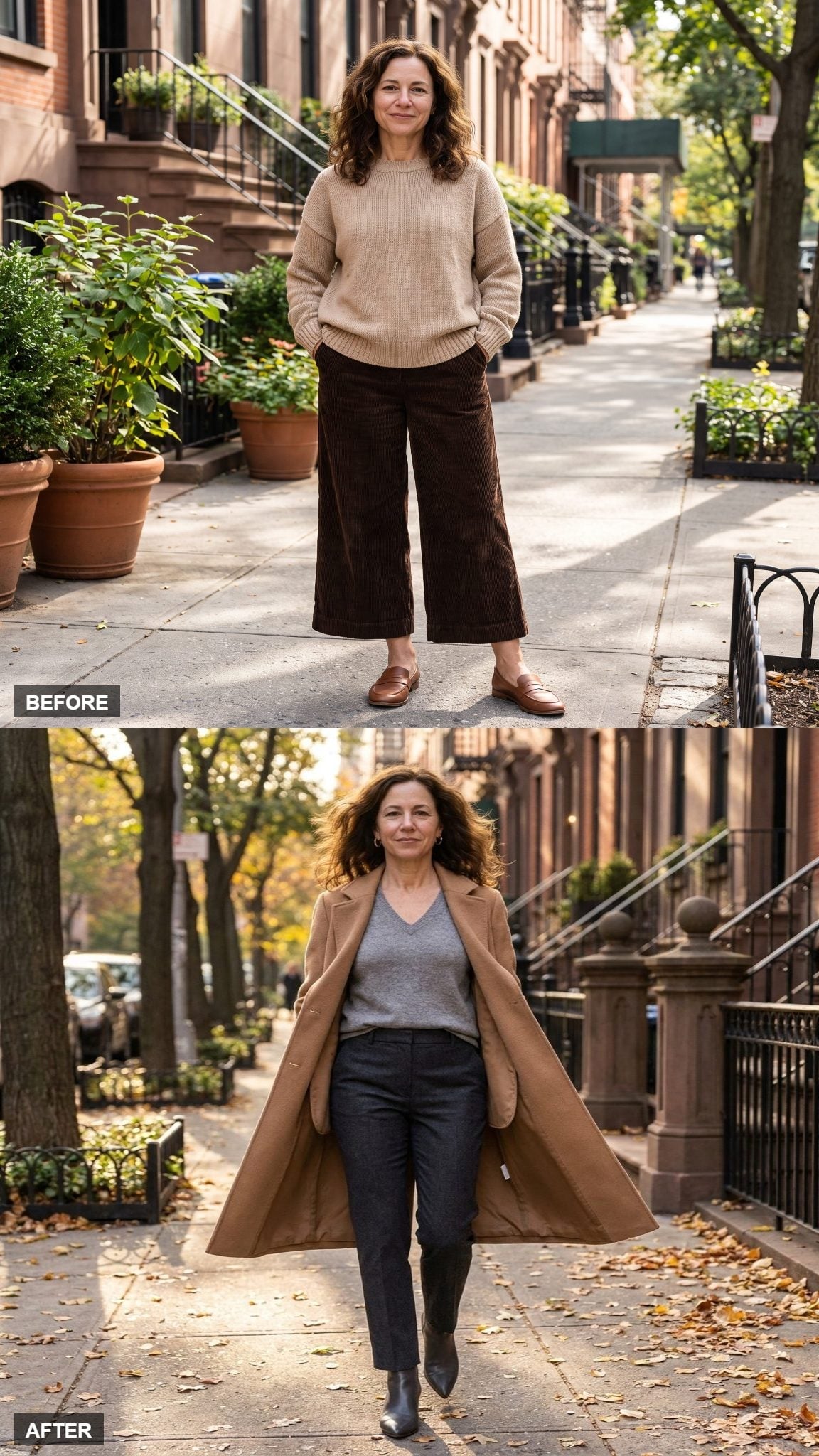 Camel Coat, Slim Trousers, and a V-Neck Just Made 5'3" Look Effortless on Purpose