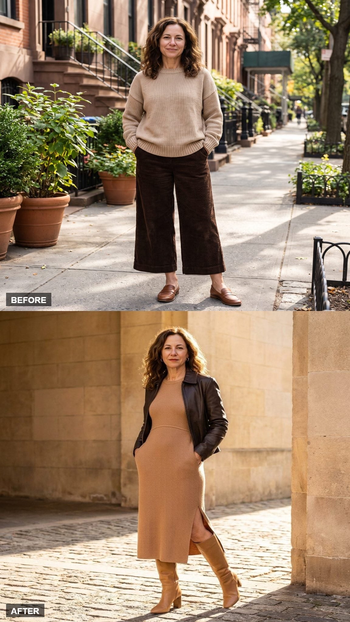 Camel Knit Dress, Knee Boots, and a Dark Leather Jacket Just Made Petite Proportions Irrelevant