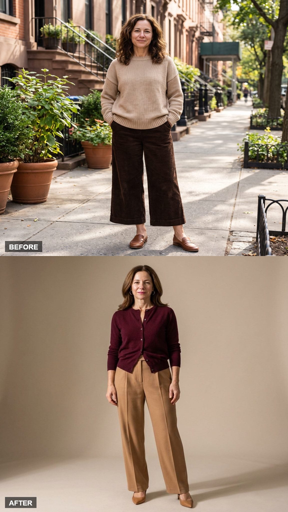Camel Trousers and a Burgundy Cardigan Just Made 5'3" Look Like a Non-Issue
