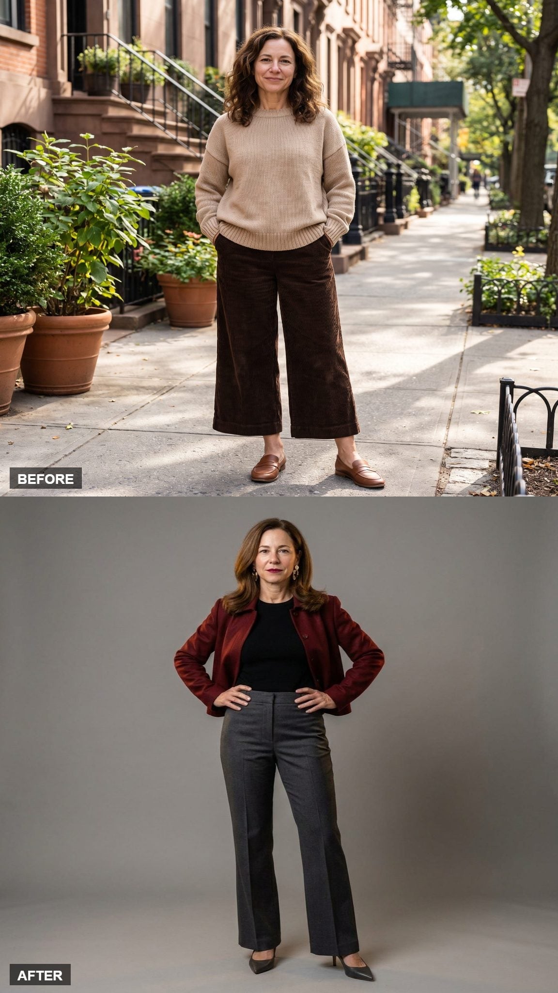 Charcoal Trousers and a Bordeaux Jacket Just Changed the Conversation About Petite Dressing