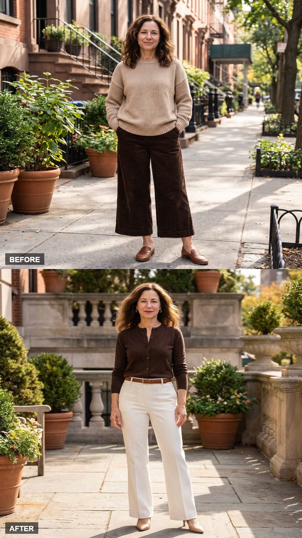 Cream Trousers and a Dark Cardigan Just Rewrote the Proportions Entirely