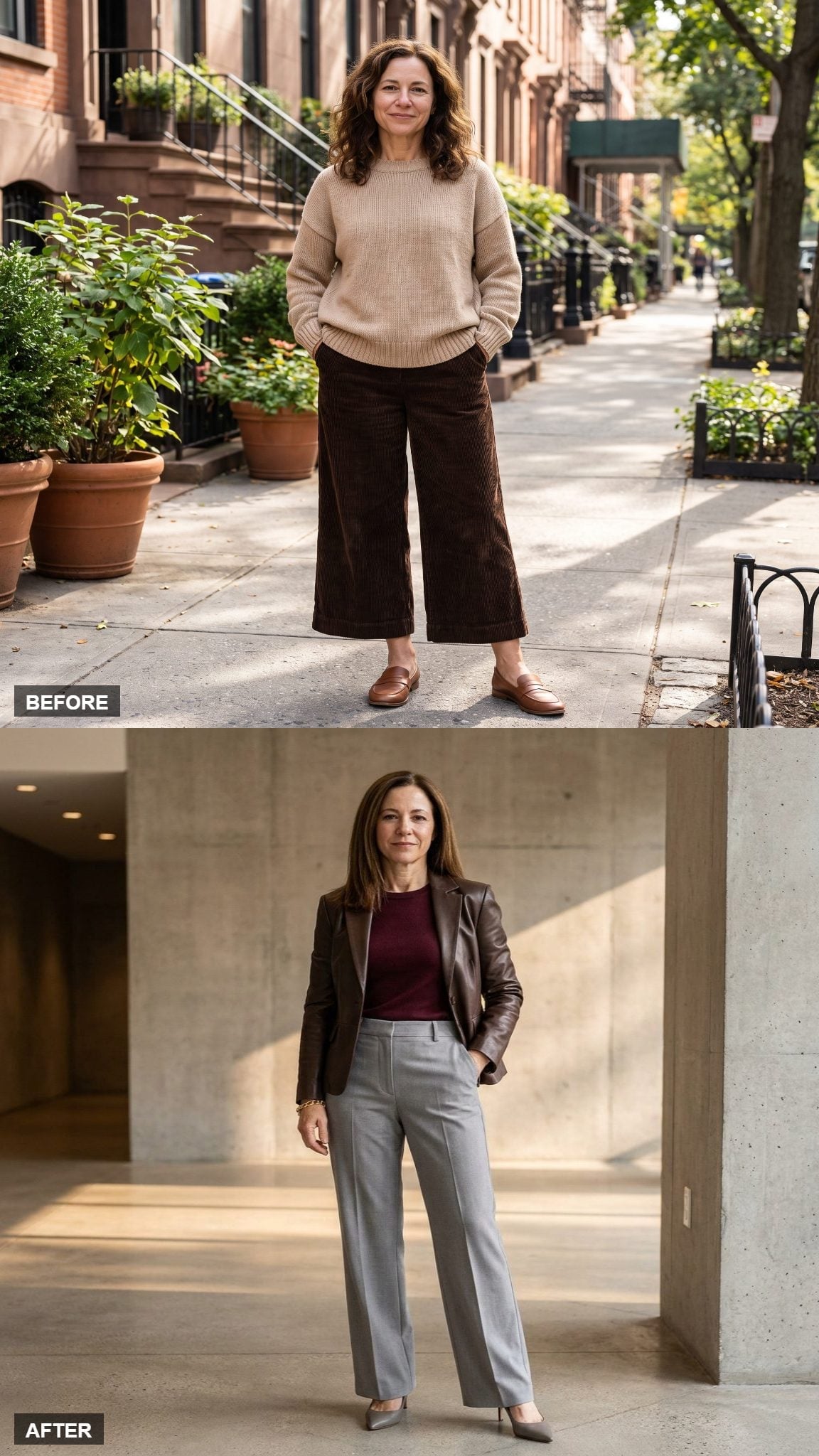 Gray Trousers and a Leather Blazer Just Made 5'3" Look Entirely Intentional