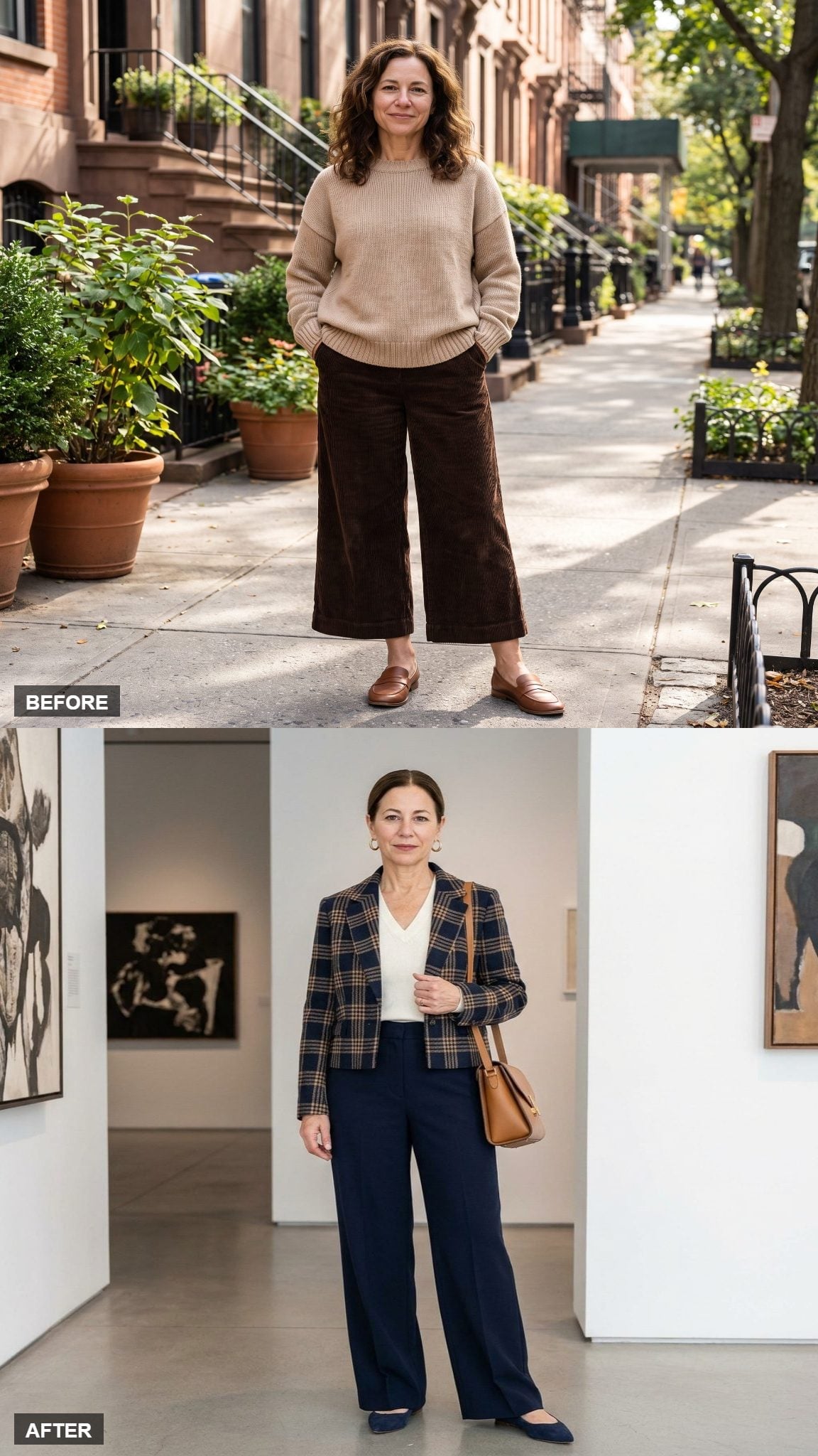 Navy Trousers and a Plaid Blazer Solved the Leg-Length Problem Without Trying