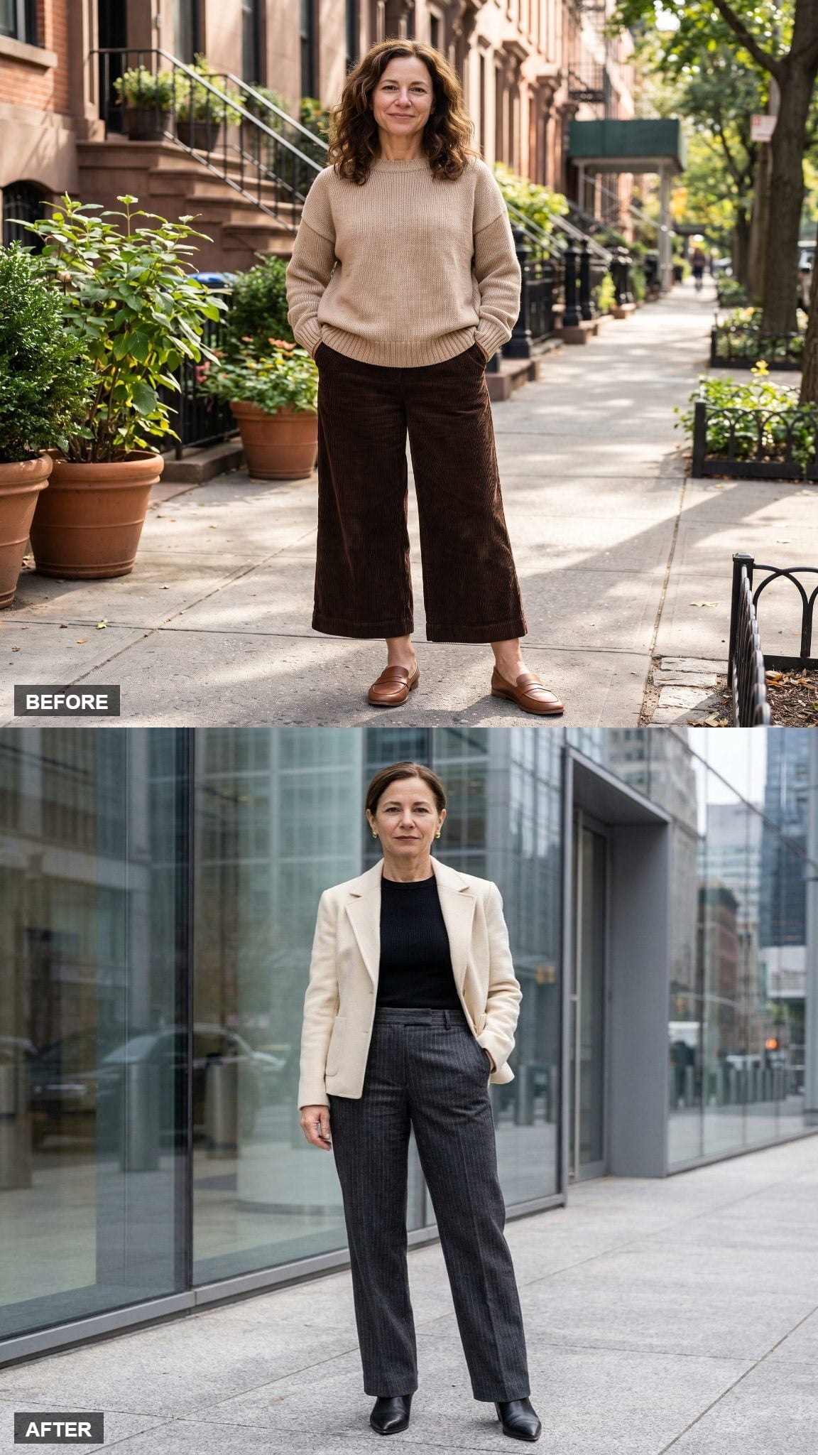 Pinstripe Trousers and a Cream Blazer Just Solved the Vertical Line Problem