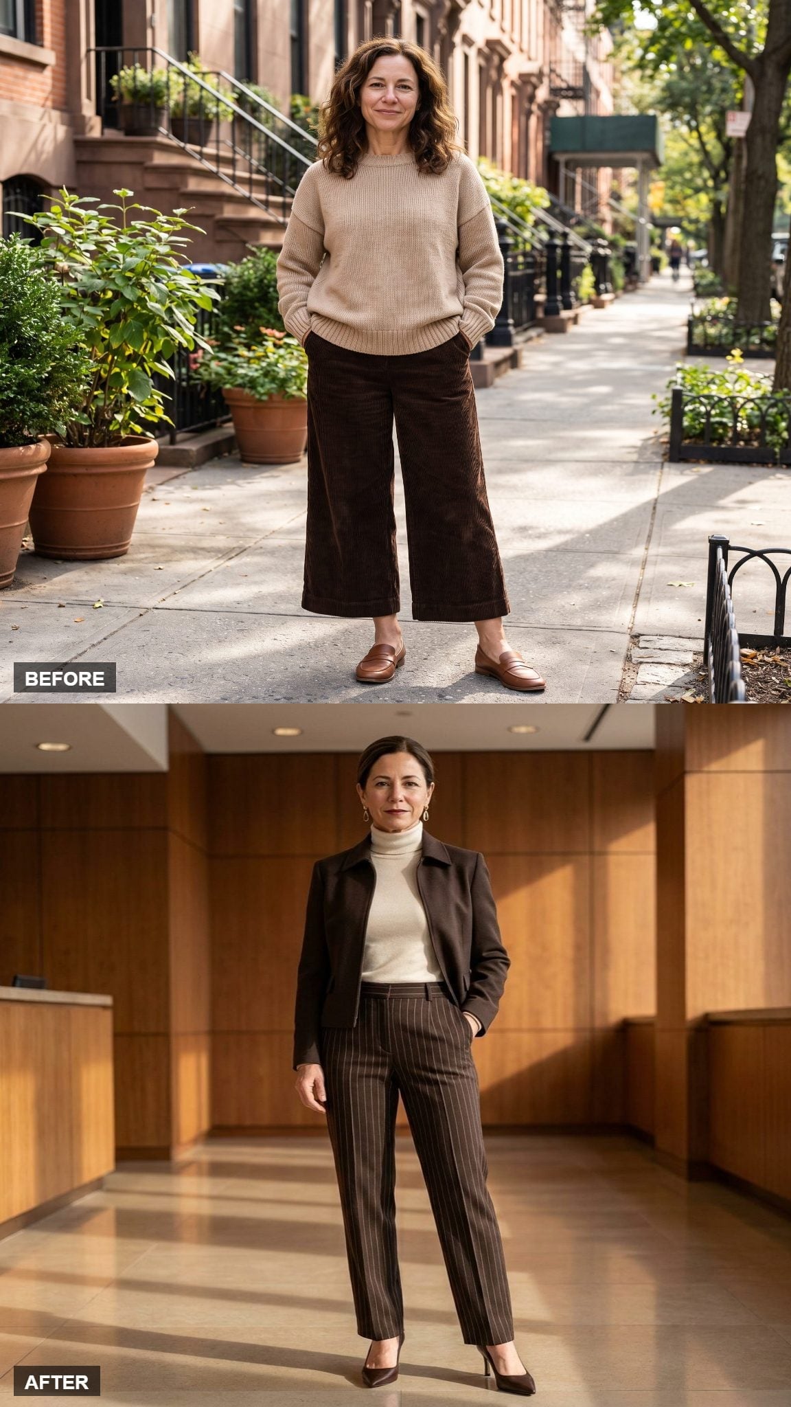 Pinstripe Trousers and a Dark Jacket Just Made 5'3" Read as Entirely Deliberate