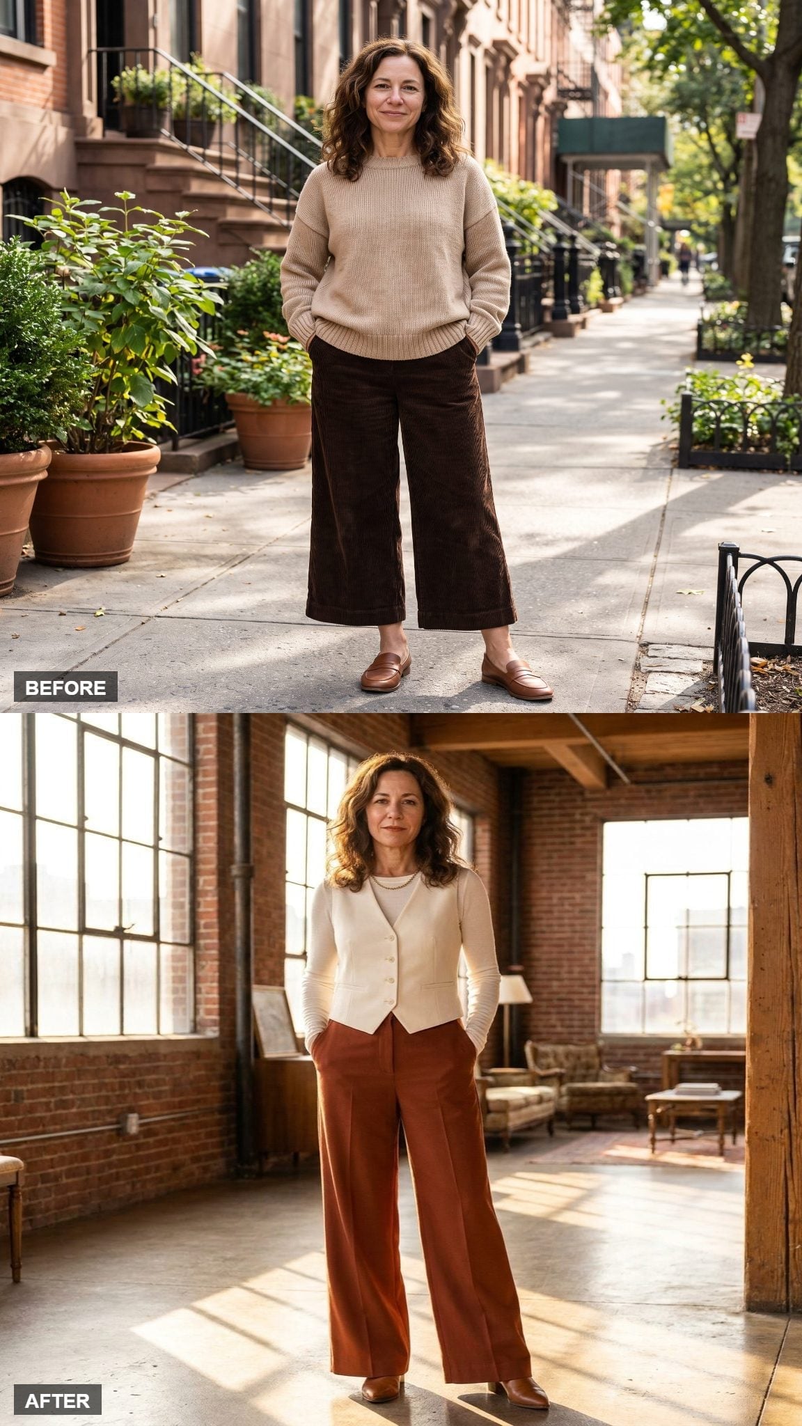 Rust Wide-Leg Trousers and a Tailored Vest Just Changed What 5'3" Looks Like