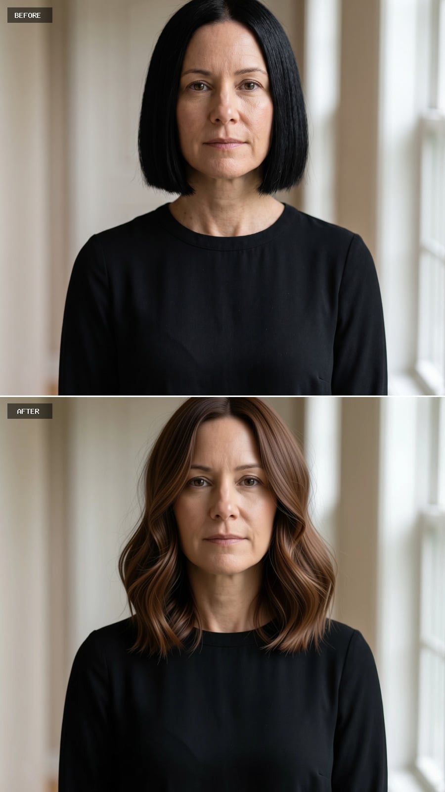 Warm Brown Balayage, Shoulder-Length Waves, and Why Soft Volume Slims Better Than Color Ever Could