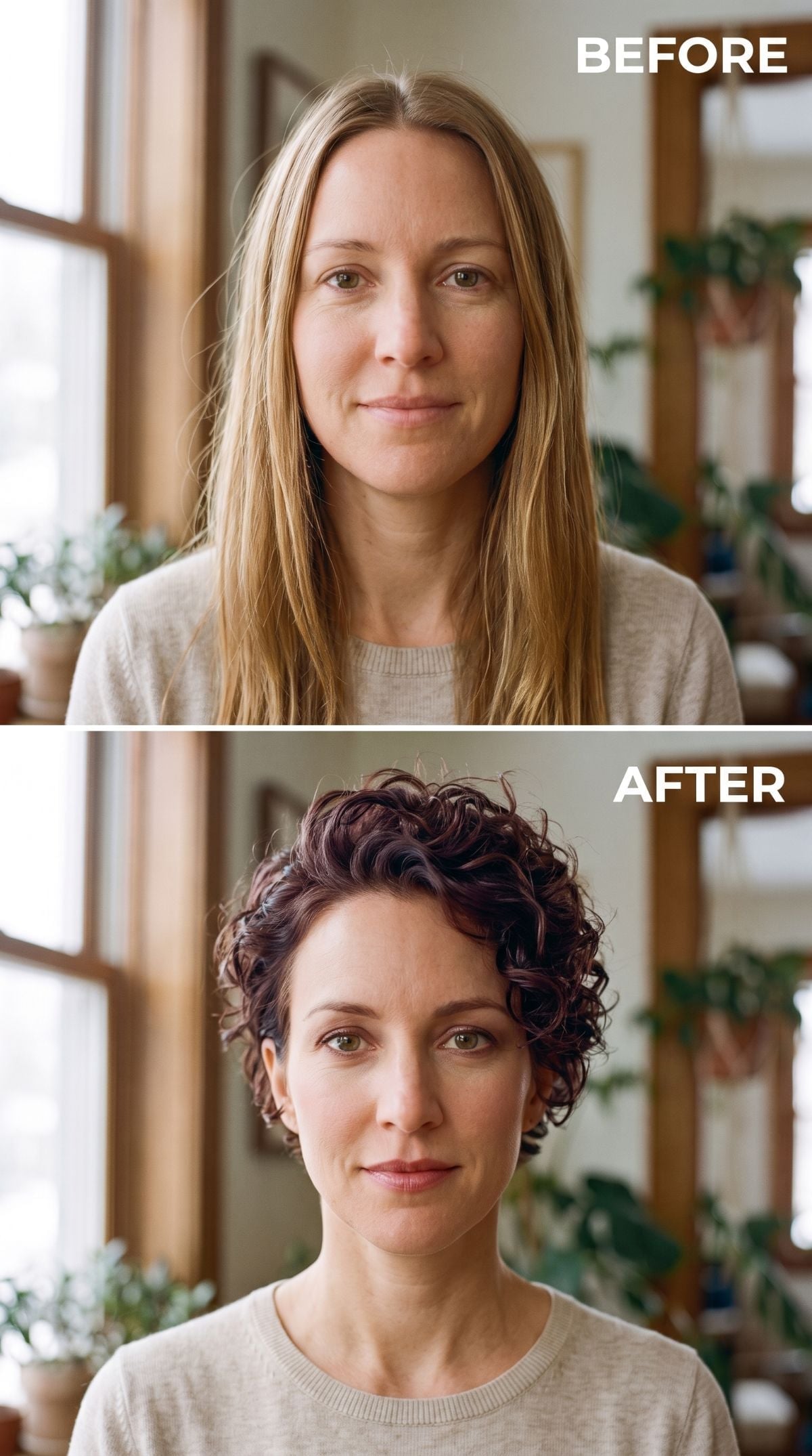 Blonde and Straight Gone, Dark Curls Cropped Short, and Her Neck Just Lost Its Platform