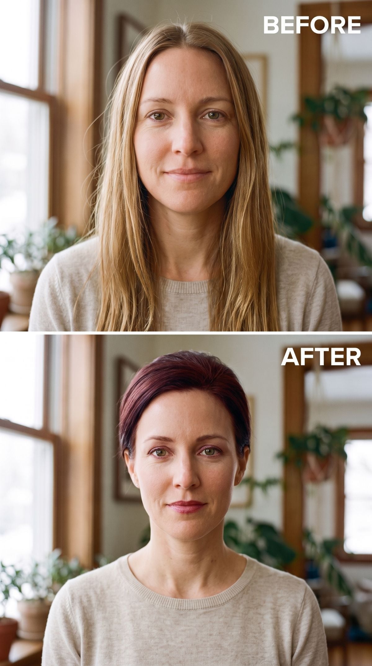Burgundy Pixie, Grown-Out Blonde Gone, and Her Neck Just Lost the Argument