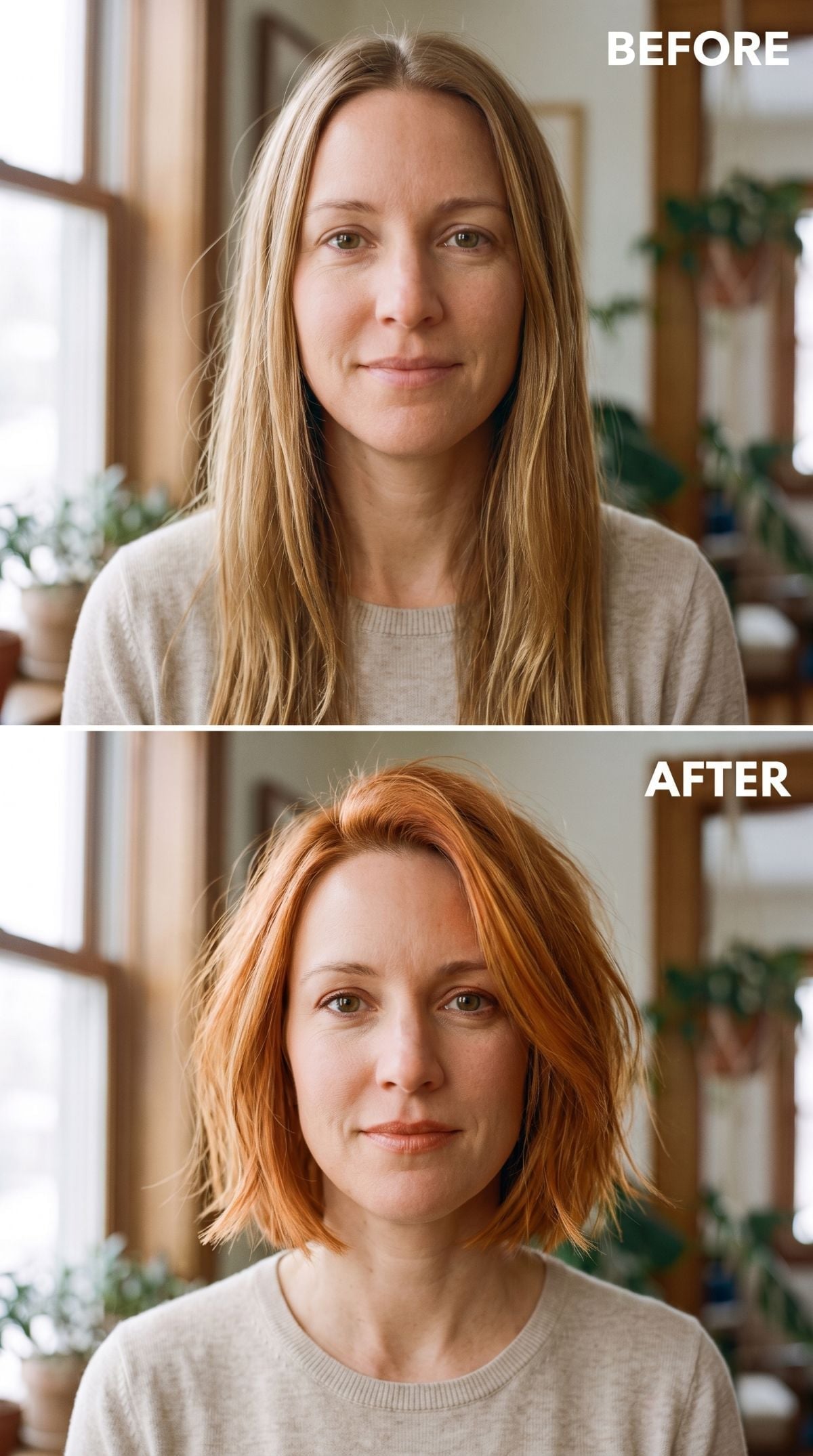 Copper Bob, Gone Blonde, and Suddenly Her Neck Forgot to Show Up