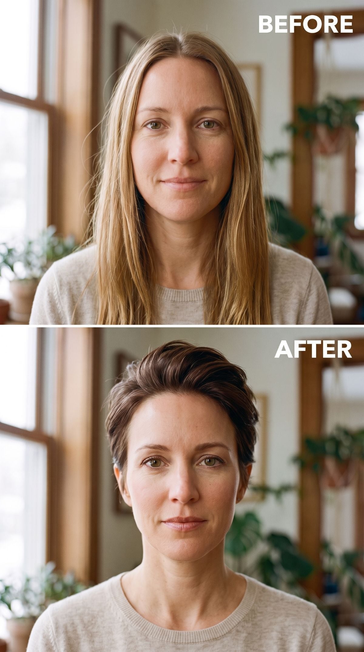 Grown-Out Blonde Gone Dark, Pixie Cut In, and Her Neck Just Lost Its Leverage