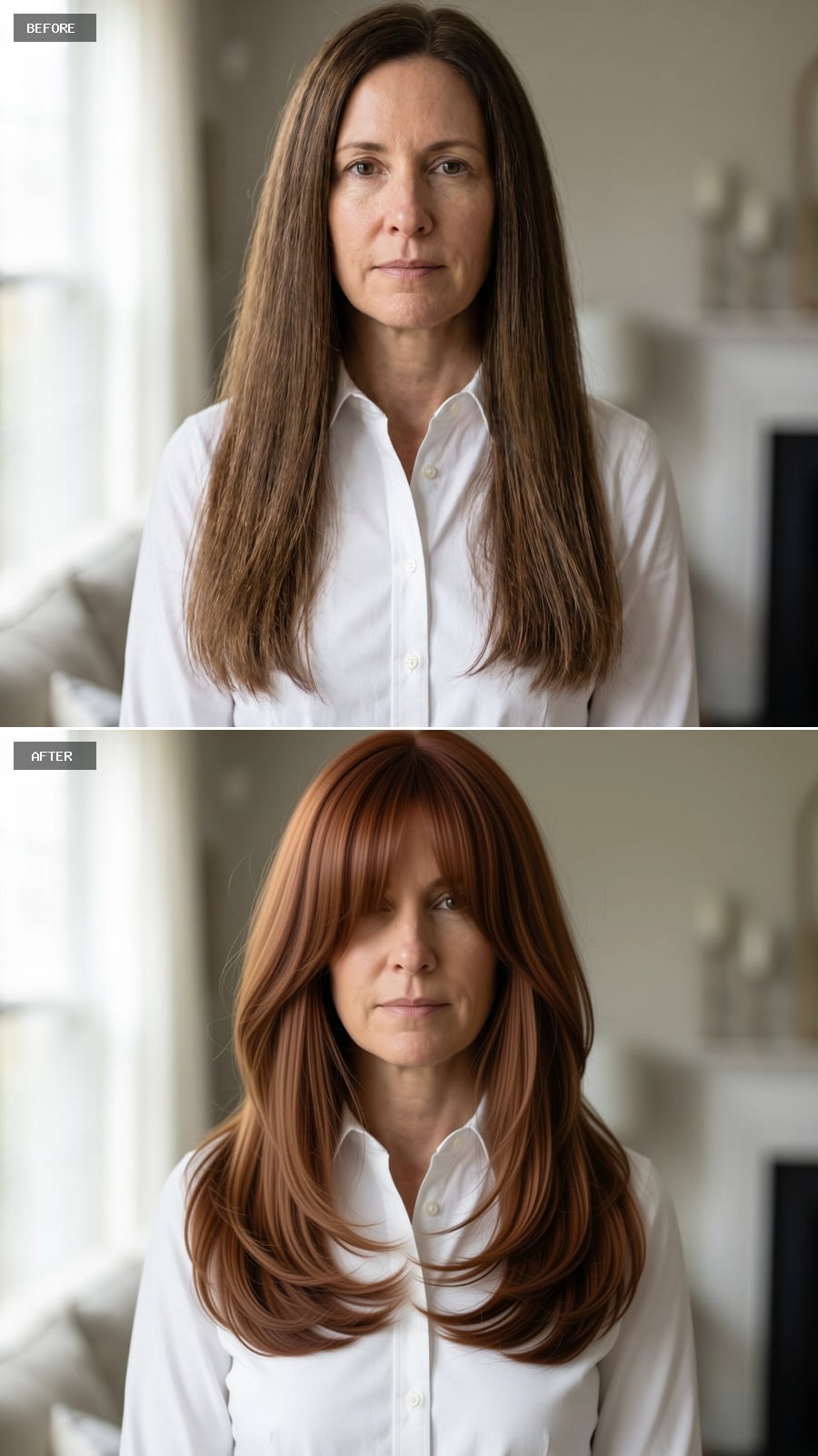 Auburn Bangs and Layers Gave Her Long Hair a Shape That Finally Made Sense