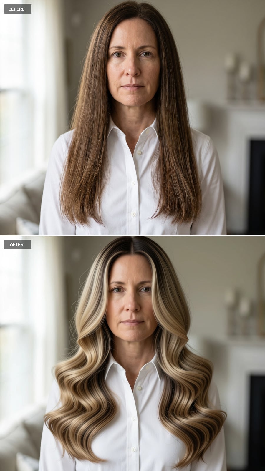 Blonde Balayage With Dark Roots Gave Her Long Hair a Slimming Framework