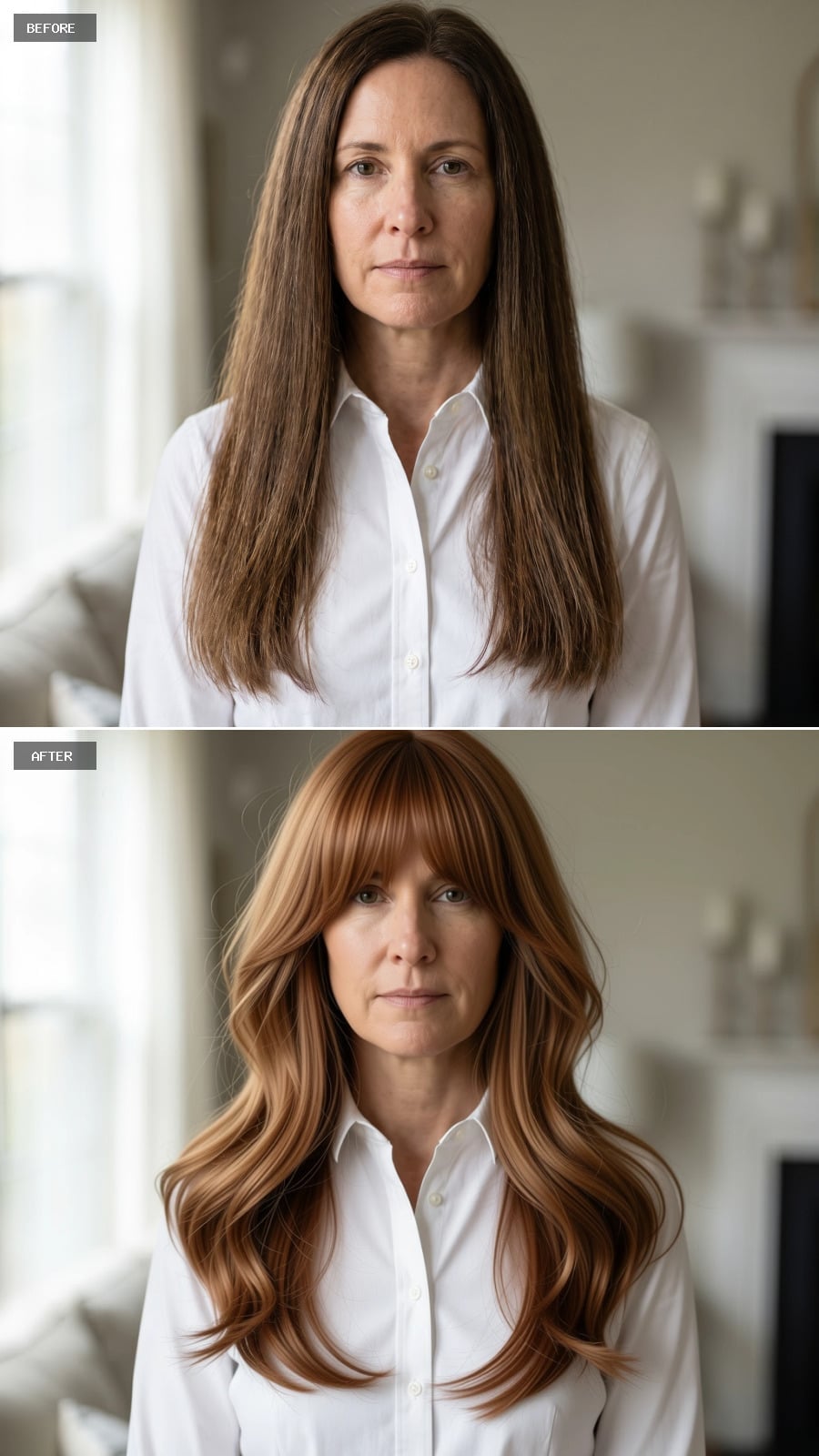 Copper Highlights and Curtain Bangs Gave Her Long Hair a Reason to Stay
