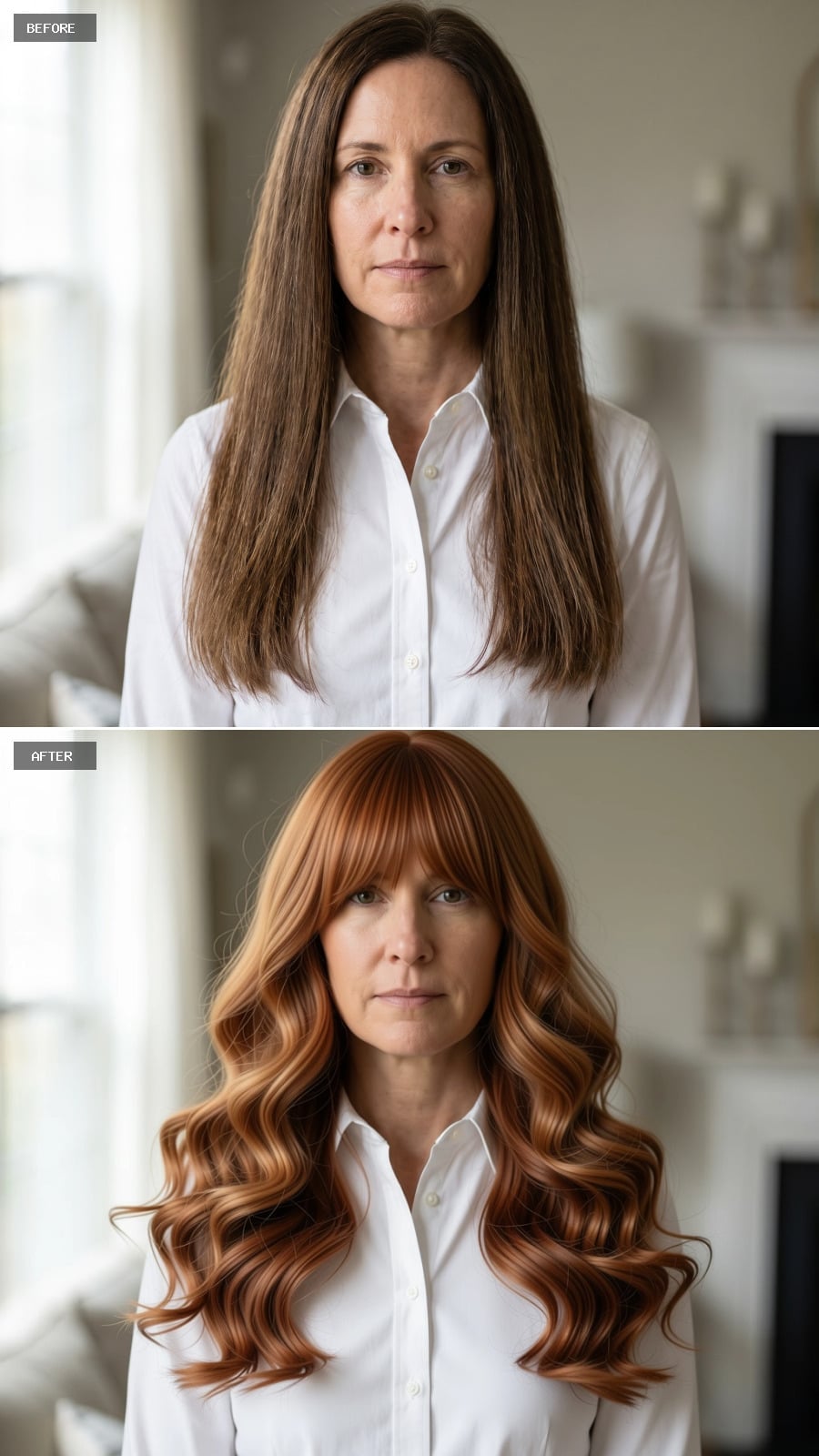 Copper Waves and Bangs Gave Her Long Hair a Shape That Actually Slims