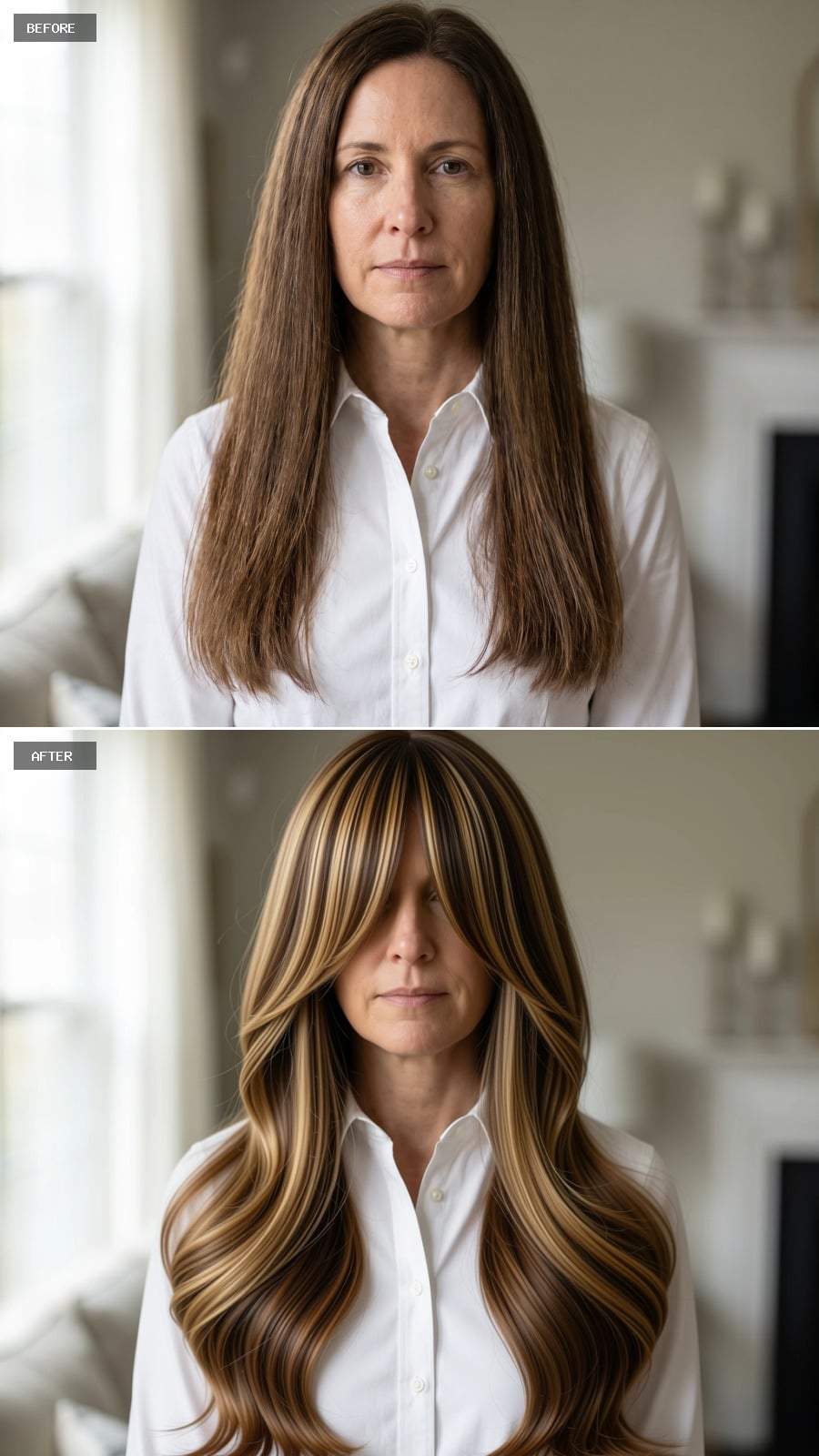 Curtain Bangs and Caramel Highlights Gave Her Long Hair a Slimming Shape She'd Never Tried