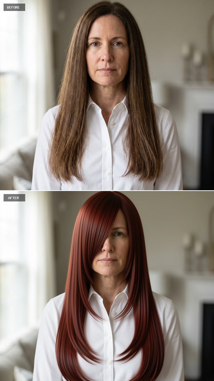 Deep Red Hair With a Side Sweep Gave Her Long Length a Slimming Edge