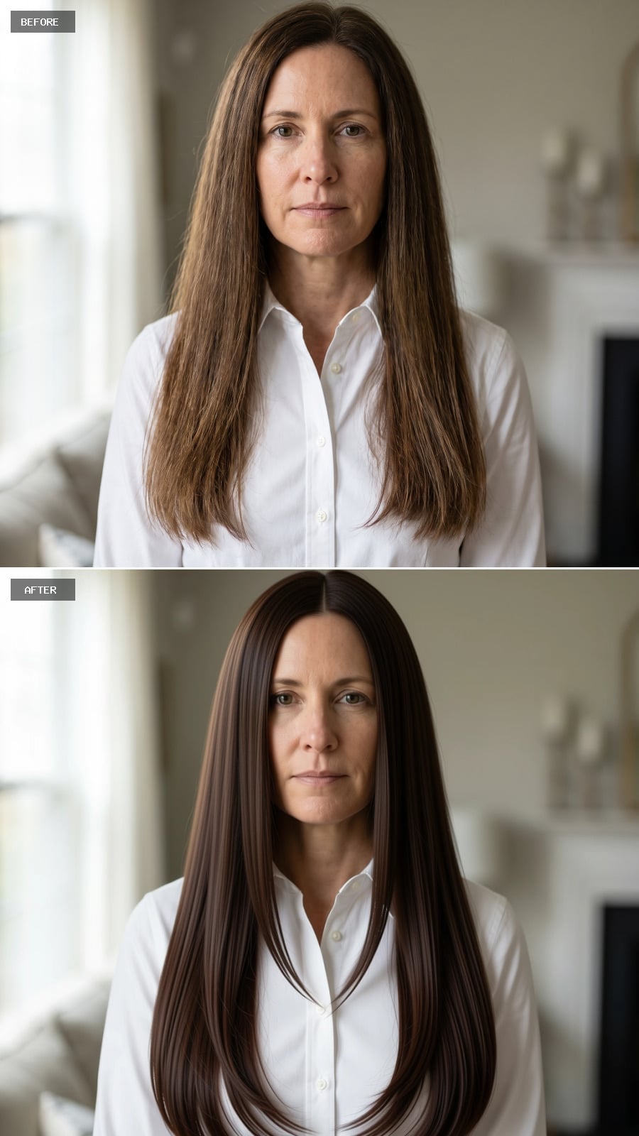 Rich Brunette Depth and a Center Part Gave Her Long Hair Its Sharpest Silhouette Yet