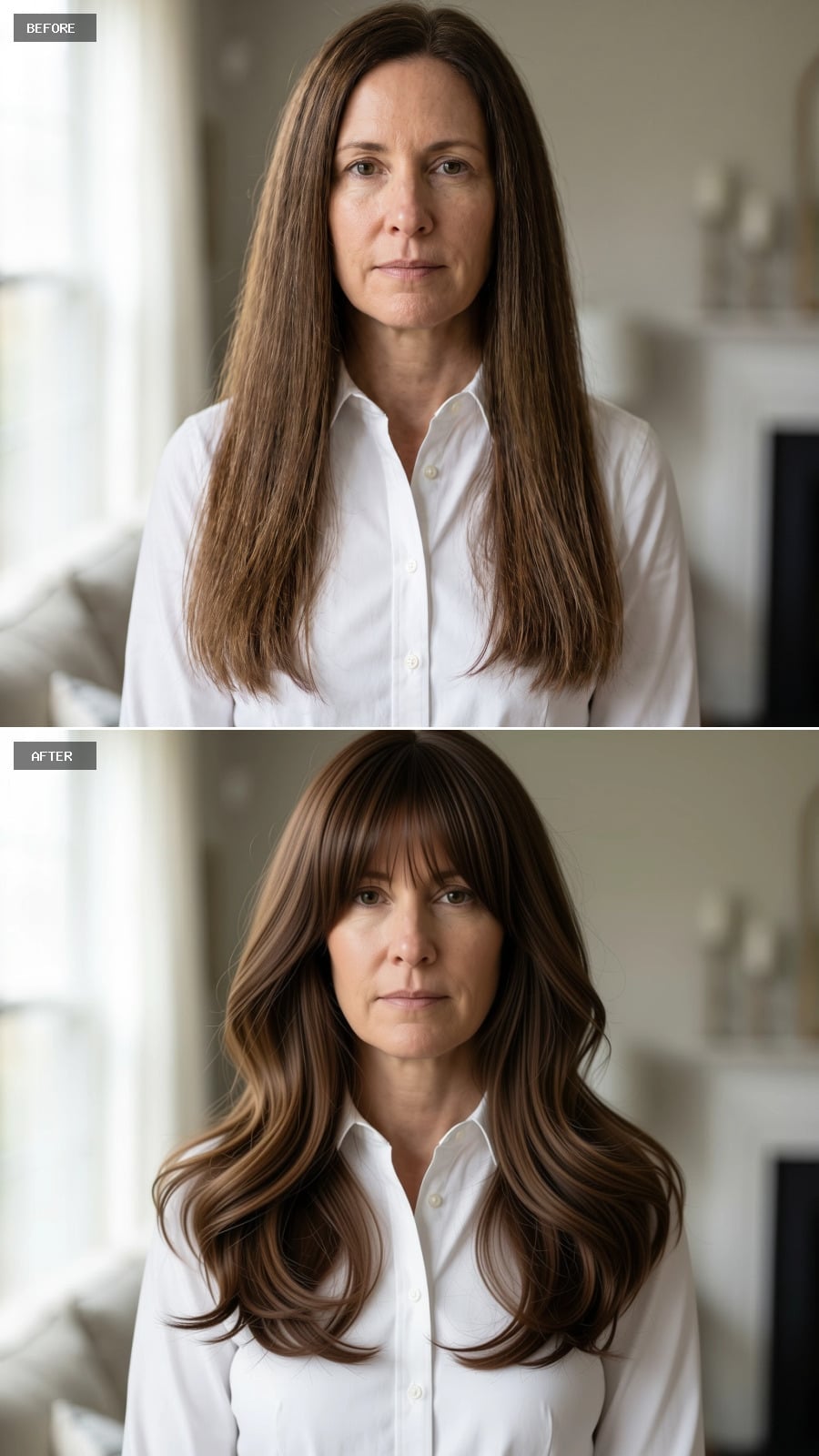 Waves, Bangs, and a Little Structure Gave Her Long Brown Hair a Reason to Stay Long