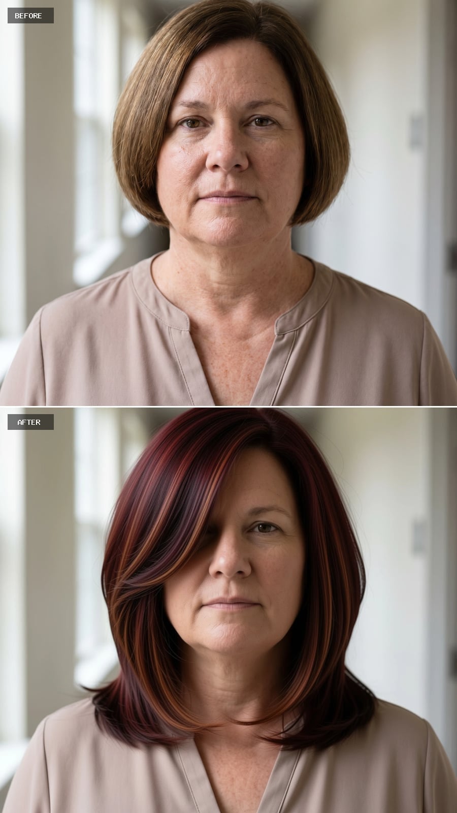 Burgundy-to-Auburn Color Melt, and Length That Finally Argues With the Face Shape