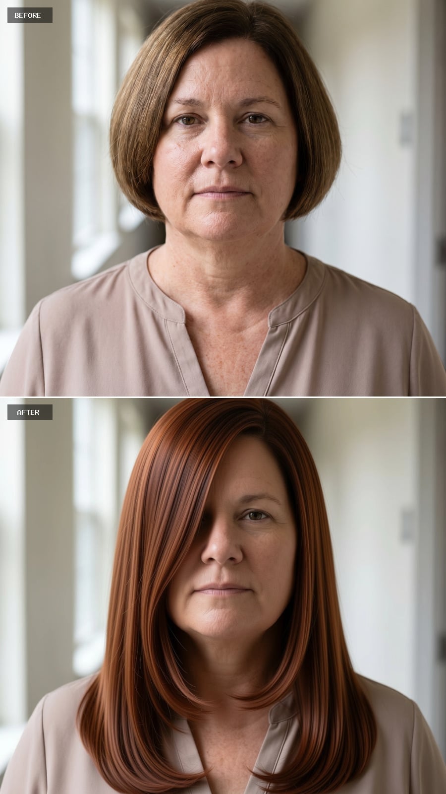 Copper-Red Length, a Side Part, and Geometry That Finally Works in Her Favor