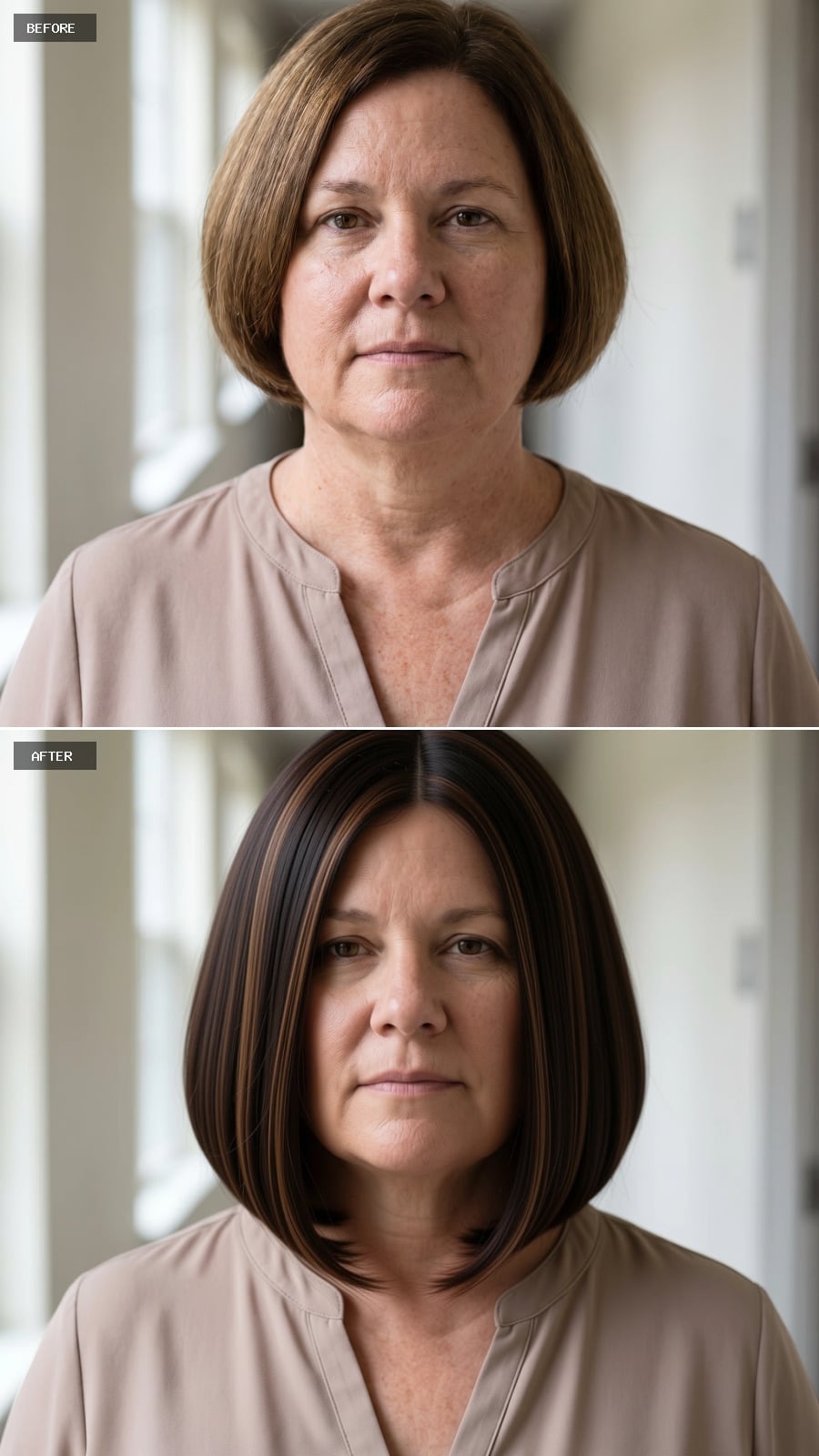 Dark Brunette, Caramel Panels, and a Bob Cut Long Enough to Actually Slim